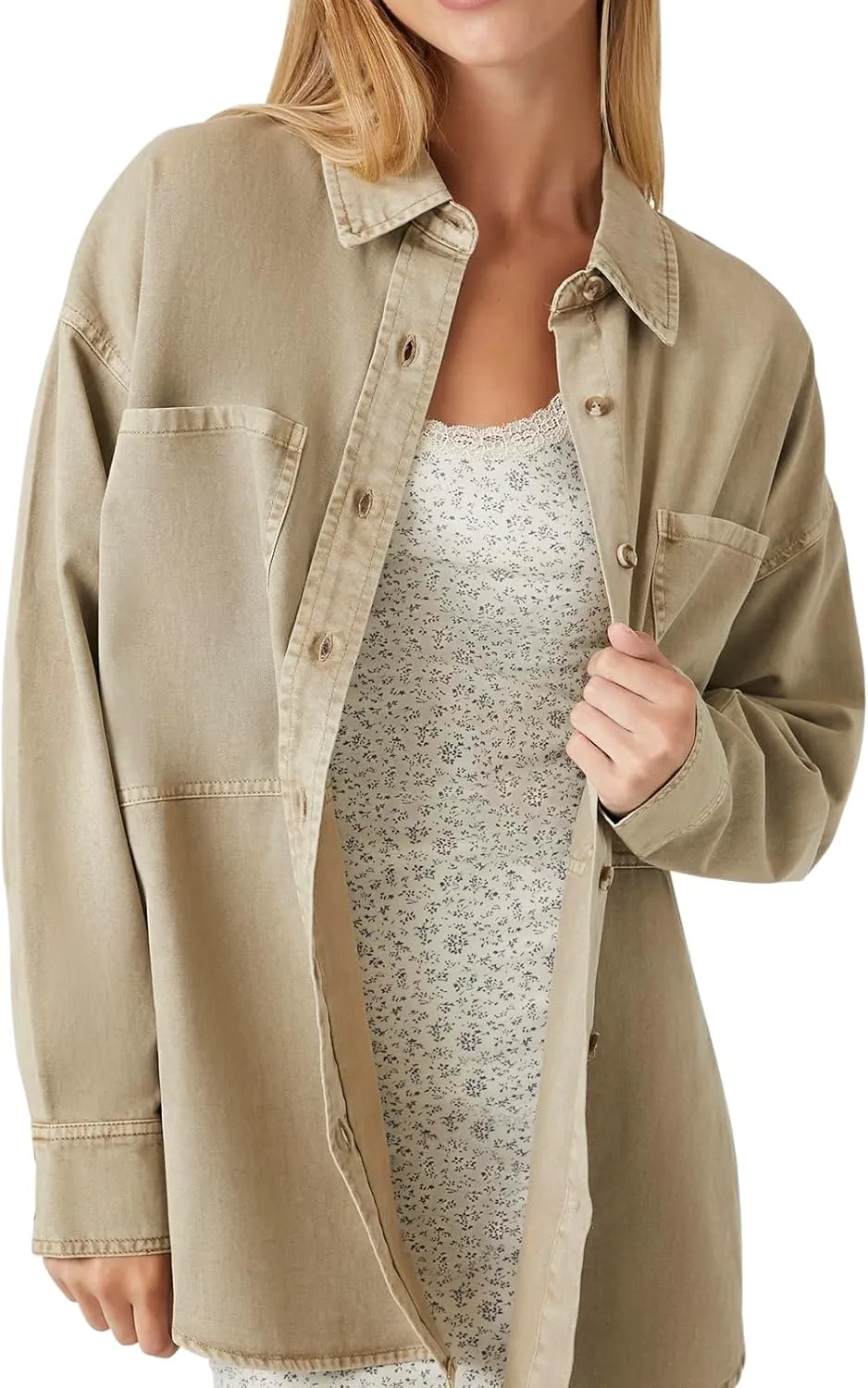 Forever 21 Women's Twill Oversized Button-up Shirt