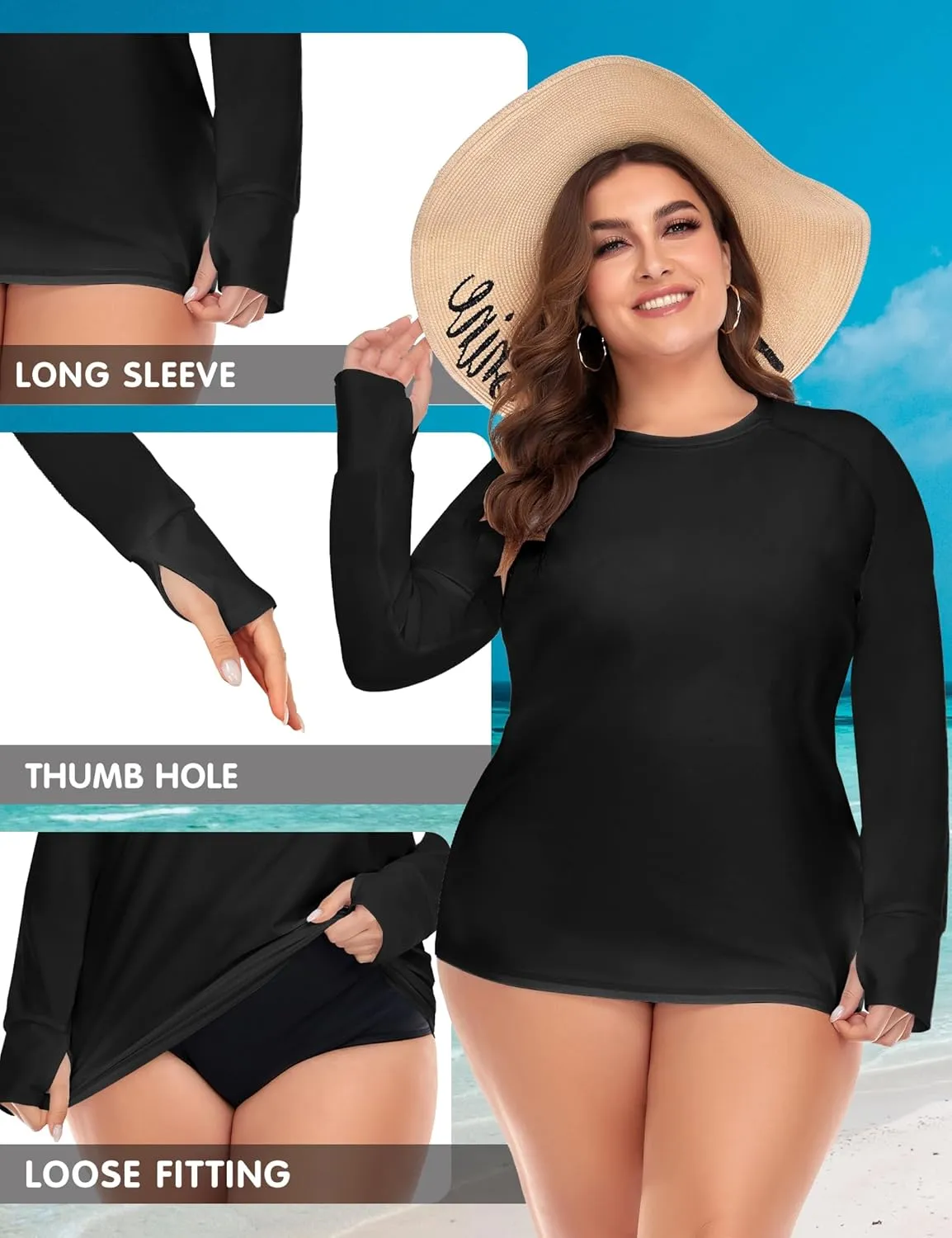 FOREYOND Plus Size Rash Guard Shirts for Women Long Sleeves UPF 50  Sun Protection Loose Fit Swimming Tops Swimwear