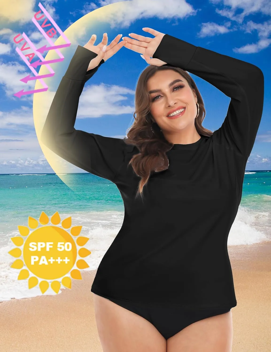 FOREYOND Plus Size Rash Guard Shirts for Women Long Sleeves UPF 50  Sun Protection Loose Fit Swimming Tops Swimwear
