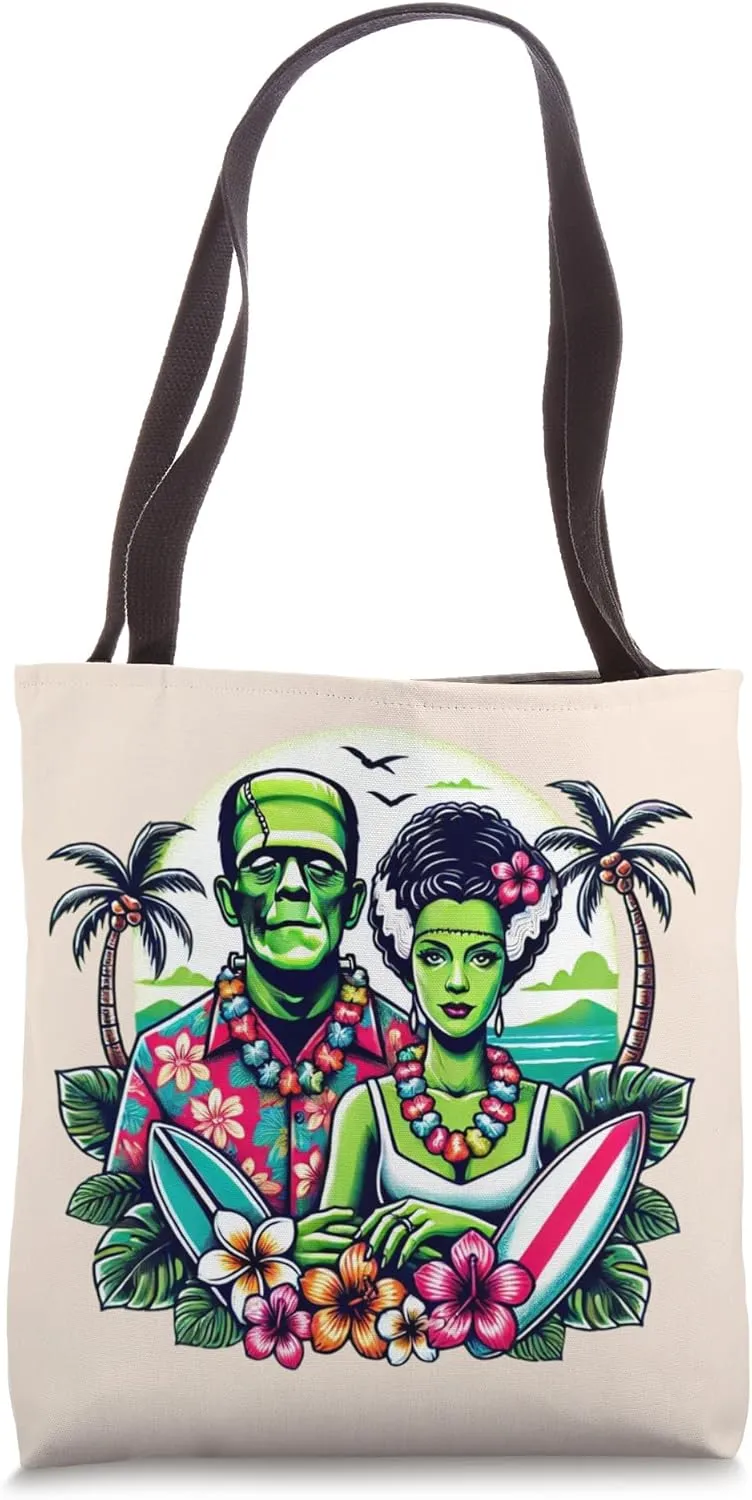 Frankenstein Monster and Bride Tropical Hawaiian Beach Tote Bag