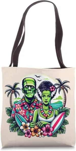 Frankenstein Monster and Bride Tropical Hawaiian Beach Tote Bag