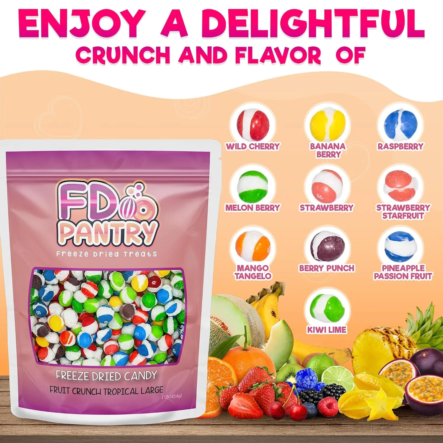 Fruit Crunch Tropical Freeze-Dried Candy, 16 oz, Tropical Fruit Flavors, Large Pouch, Ideal Gift Snack Treat