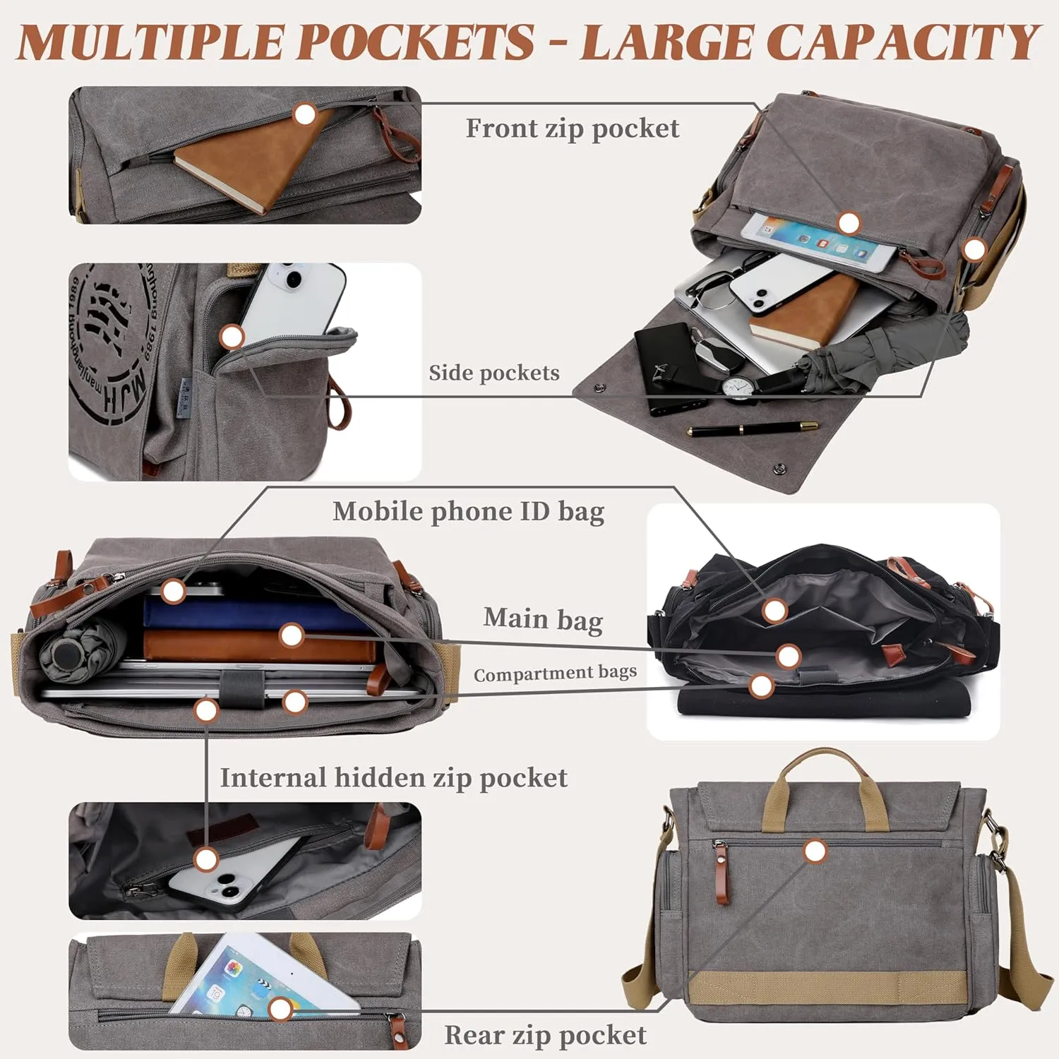 FSD.WG Satchel Messenger Bag for Men Canvas,Travel Shoulder bag 13.5" Laptop Bags