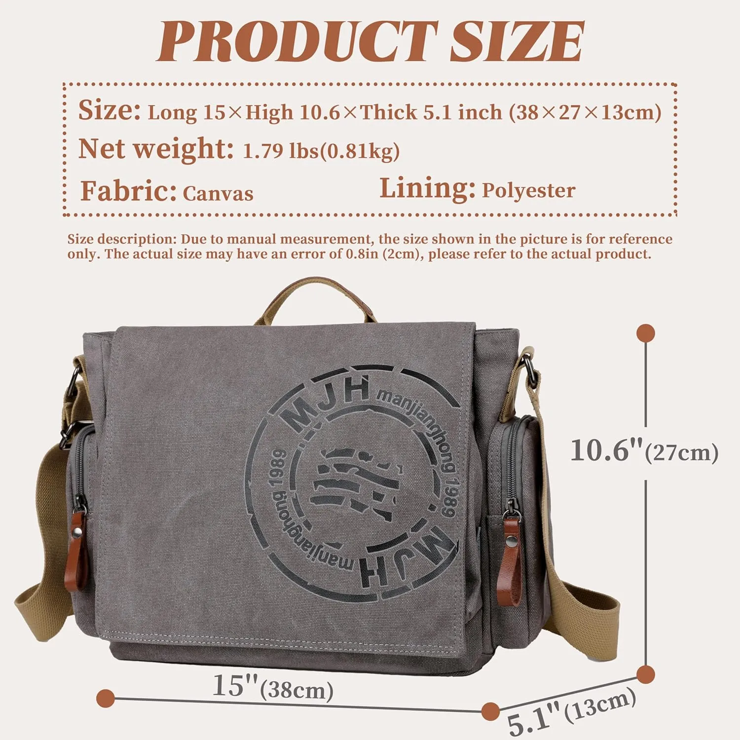 FSD.WG Satchel Messenger Bag for Men Canvas,Travel Shoulder bag 13.5" Laptop Bags