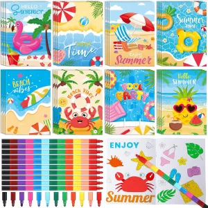 Funrous 24 Set Summer Beach Coloring Books Crayons Hawaiian Pool Party Favors Classroom Gifts Tropical Summer Theme Mini Drawing Book for students Tropical Luau Birthday Supplies Goodie Bag Stuffers