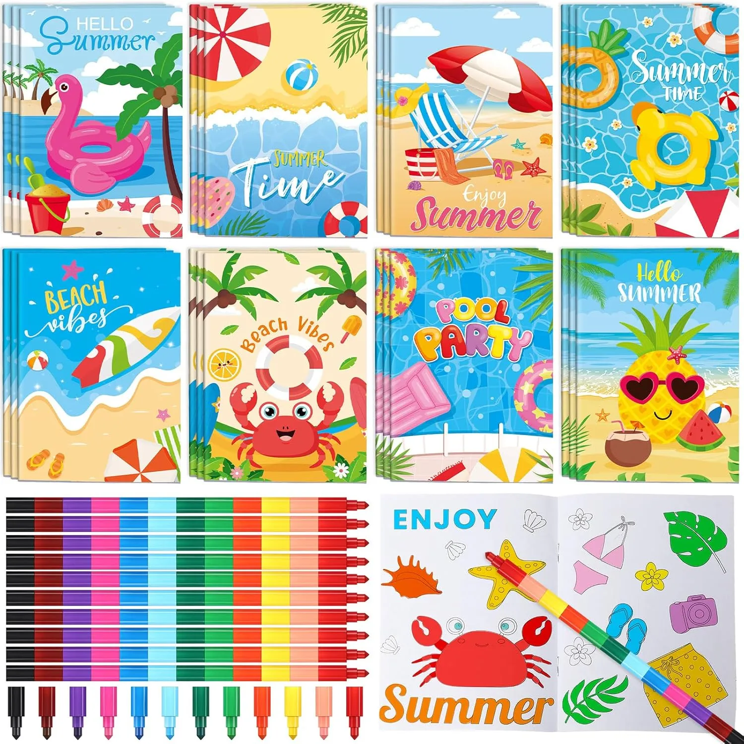 Funrous 24 Set Summer Beach Coloring Books Crayons Hawaiian Pool Party Favors Classroom Gifts Tropical Summer Theme Mini Drawing Book for students Tropical Luau Birthday Supplies Goodie Bag Stuffers