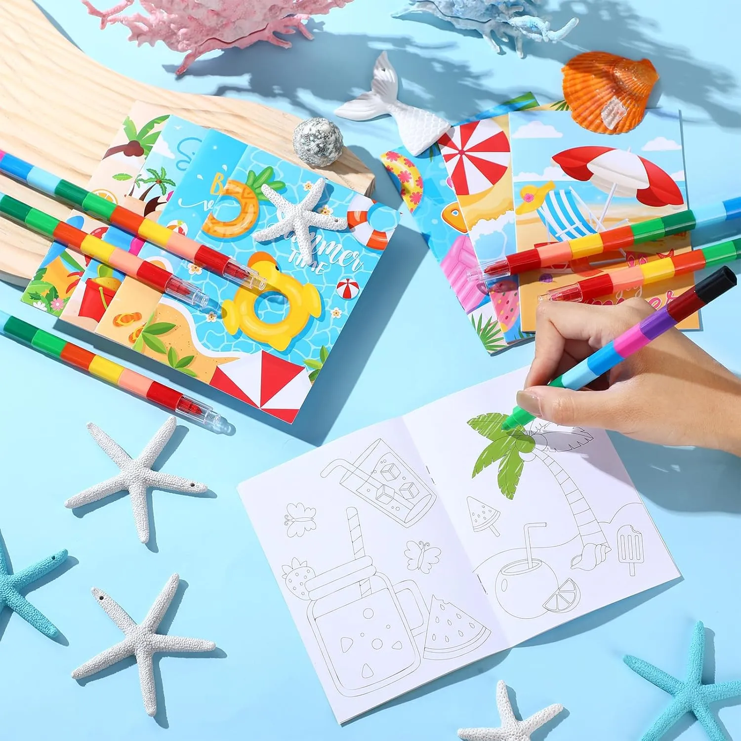 Funrous 24 Set Summer Beach Coloring Books Crayons Hawaiian Pool Party Favors Classroom Gifts Tropical Summer Theme Mini Drawing Book for students Tropical Luau Birthday Supplies Goodie Bag Stuffers