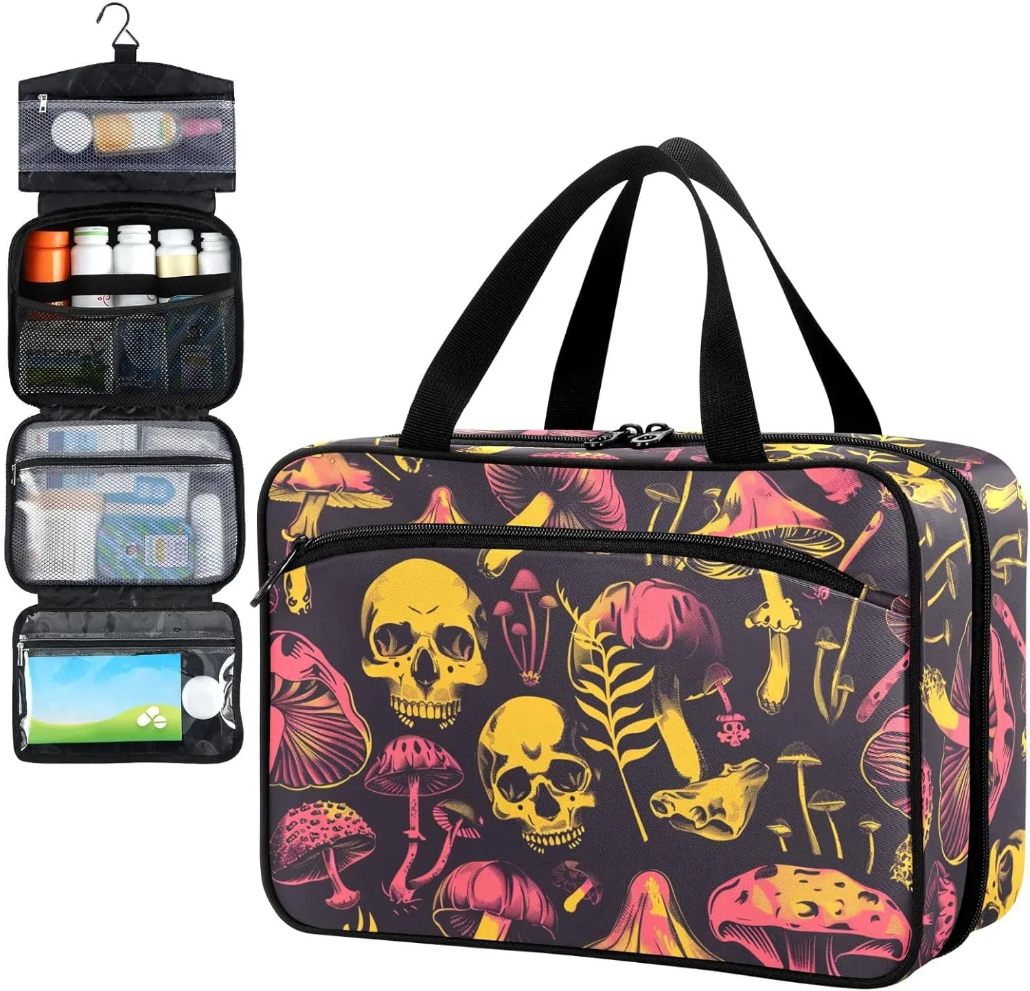 Fustylead Acid Bright Of Poisonous Mushrooms and Skulls Travel Medicine Organizer Bag Home Storage First Aid Kit Large Pill Case with Zipper for Pill Bottle, Vitamins, and Medical Supplies
