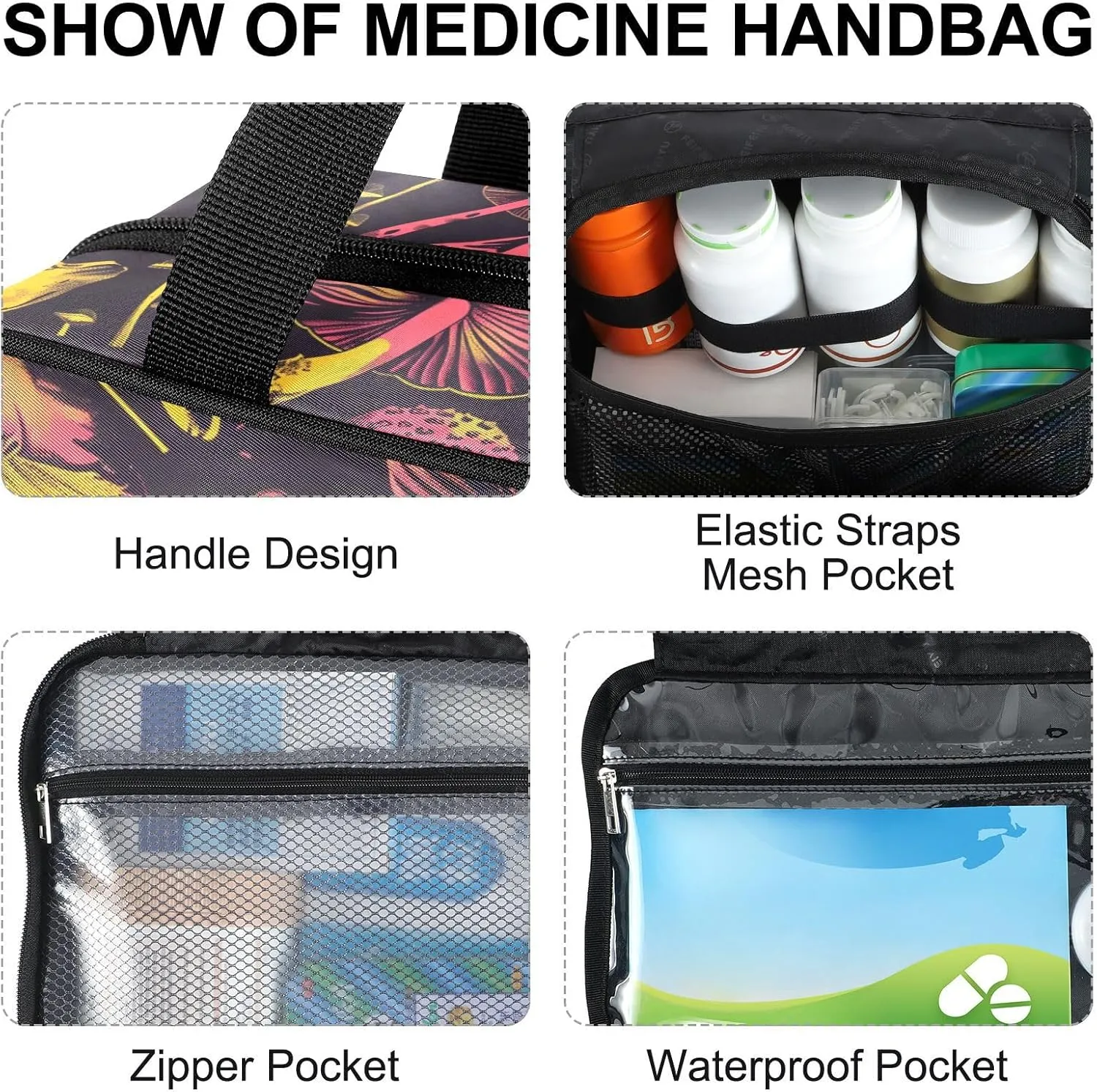 Fustylead Acid Bright Of Poisonous Mushrooms and Skulls Travel Medicine Organizer Bag Home Storage First Aid Kit Large Pill Case with Zipper for Pill Bottle, Vitamins, and Medical Supplies