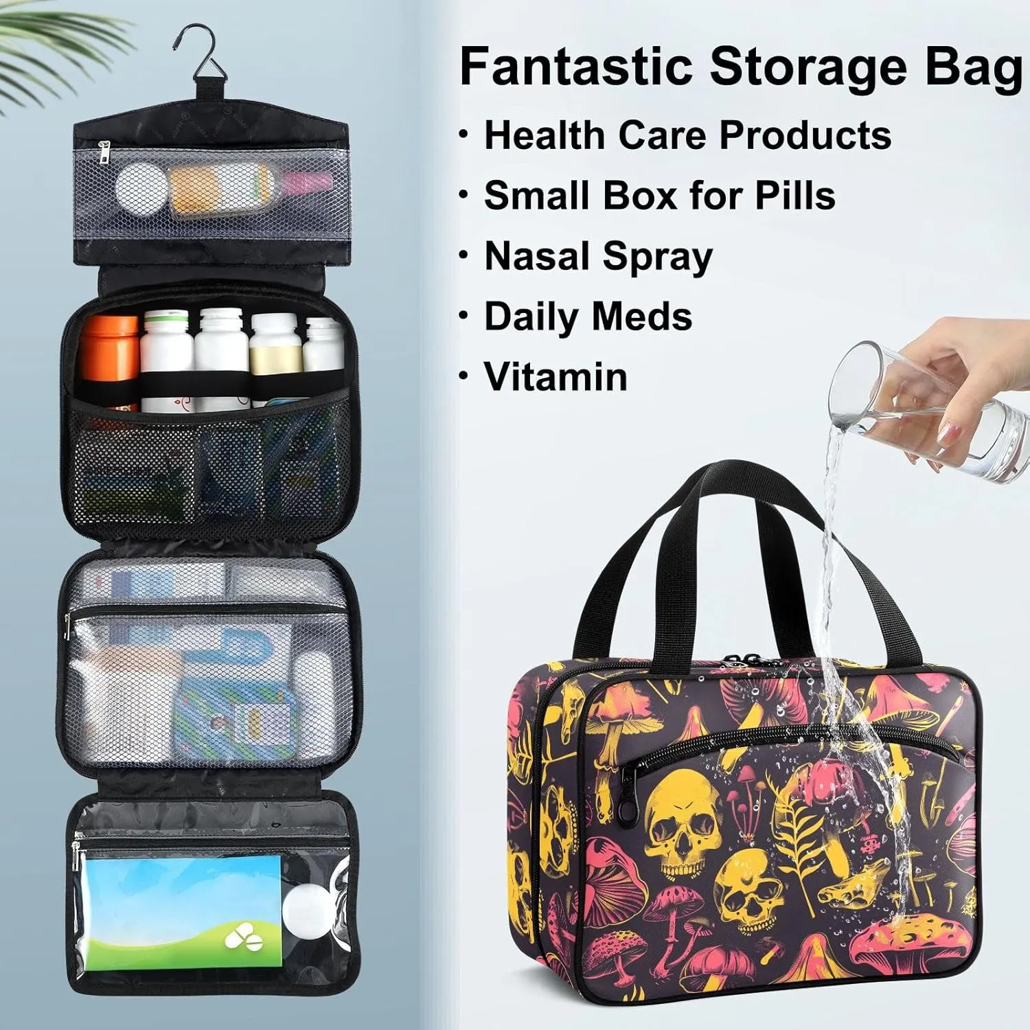 Fustylead Acid Bright Of Poisonous Mushrooms and Skulls Travel Medicine Organizer Bag Home Storage First Aid Kit Large Pill Case with Zipper for Pill Bottle, Vitamins, and Medical Supplies
