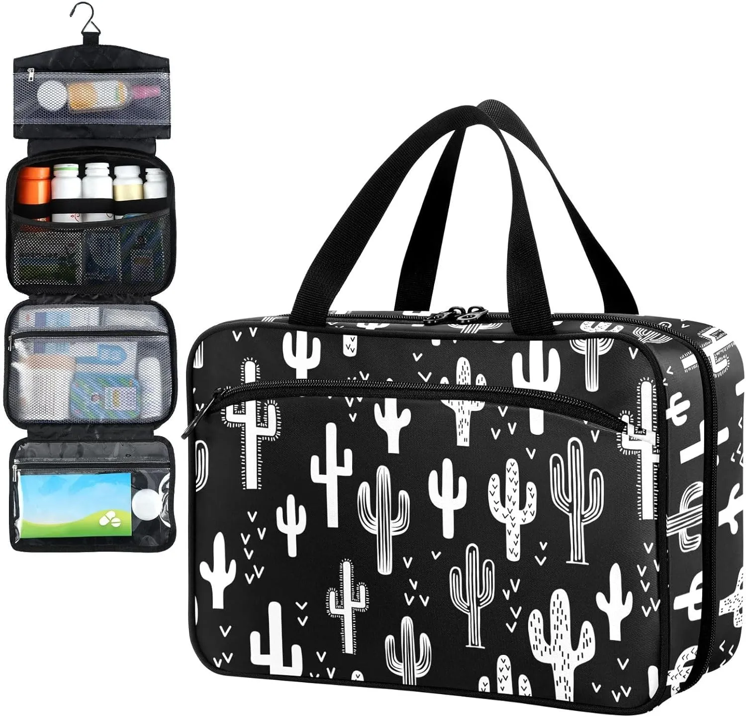 Fustylead Black and White Fun Western Cactus Travel Medicine Storage Bag Large Household Pill Bottle Organizer with Zipper for First Aid, Pills, Vitamins, Medical Supplies