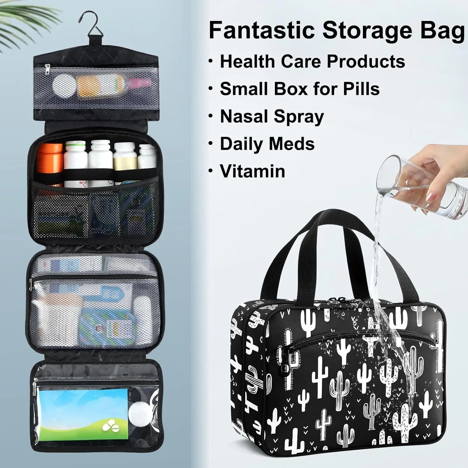 Fustylead Black and White Fun Western Cactus Travel Medicine Storage Bag Large Household Pill Bottle Organizer with Zipper for First Aid, Pills, Vitamins, Medical Supplies