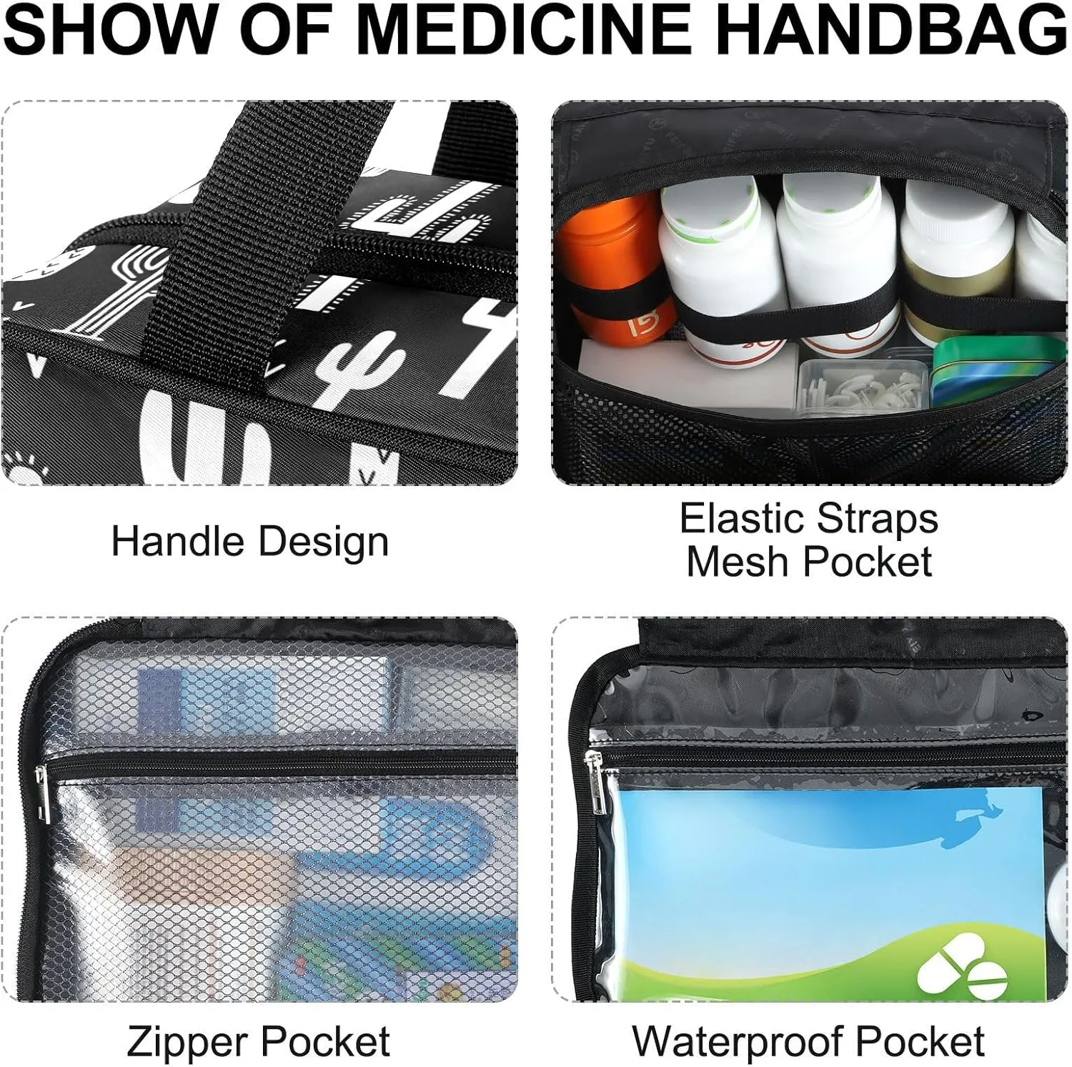 Fustylead Black and White Fun Western Cactus Travel Medicine Storage Bag Large Household Pill Bottle Organizer with Zipper for First Aid, Pills, Vitamins, Medical Supplies
