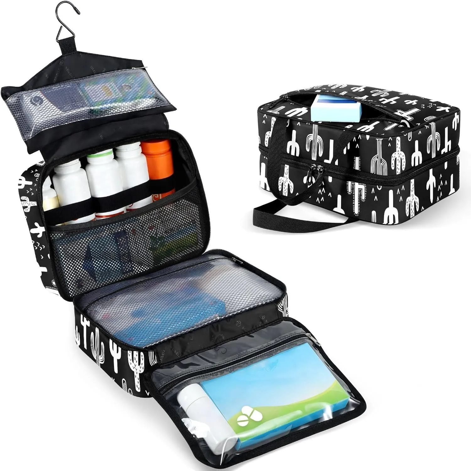 Fustylead Black and White Fun Western Cactus Travel Medicine Storage Bag Large Household Pill Bottle Organizer with Zipper for First Aid, Pills, Vitamins, Medical Supplies