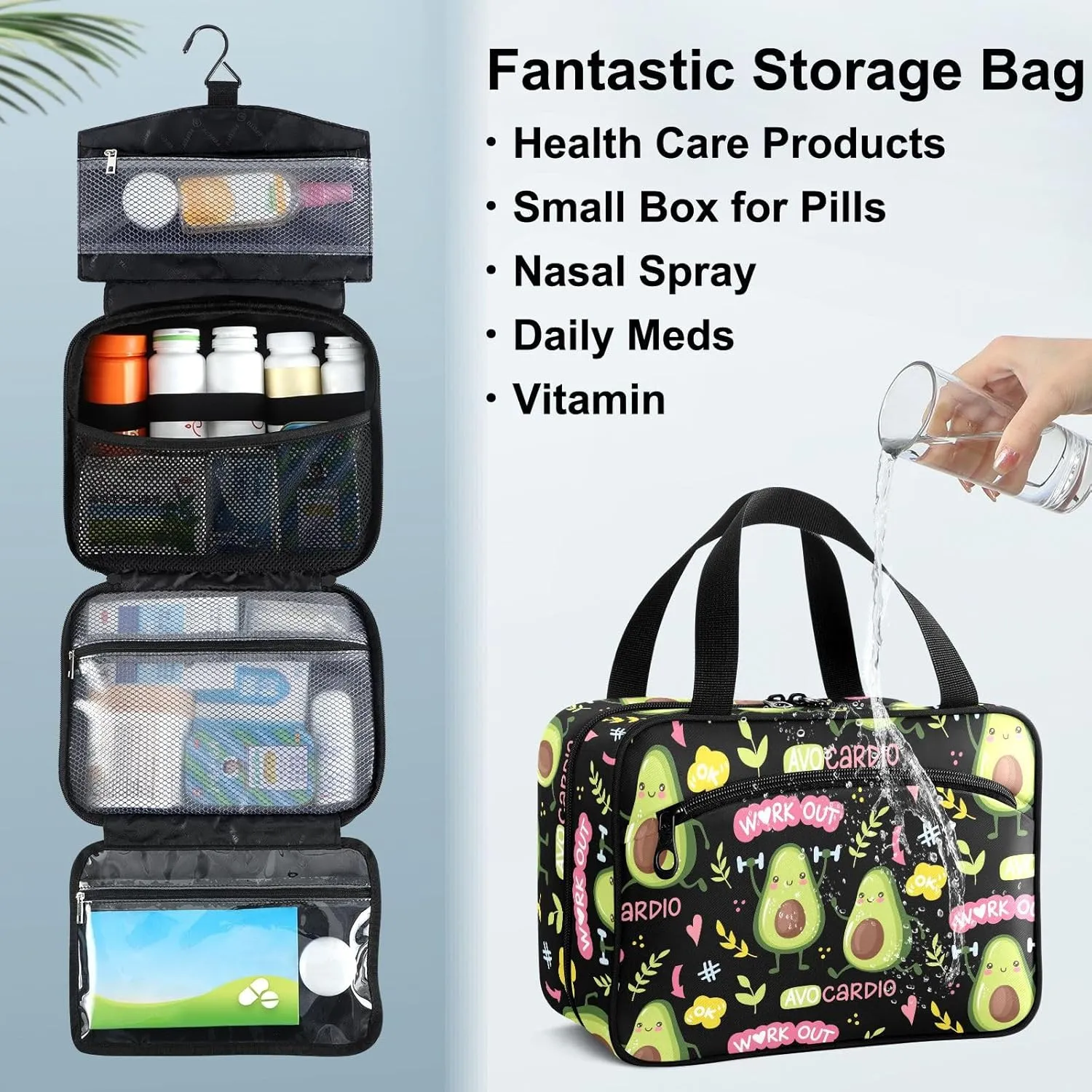 Fustylead Cute Avocado Travel Medicine Storage Bag Large Household Pill Bottle Organizer with Zipper for First Aid, Pills, Vitamins, Medical Supplies