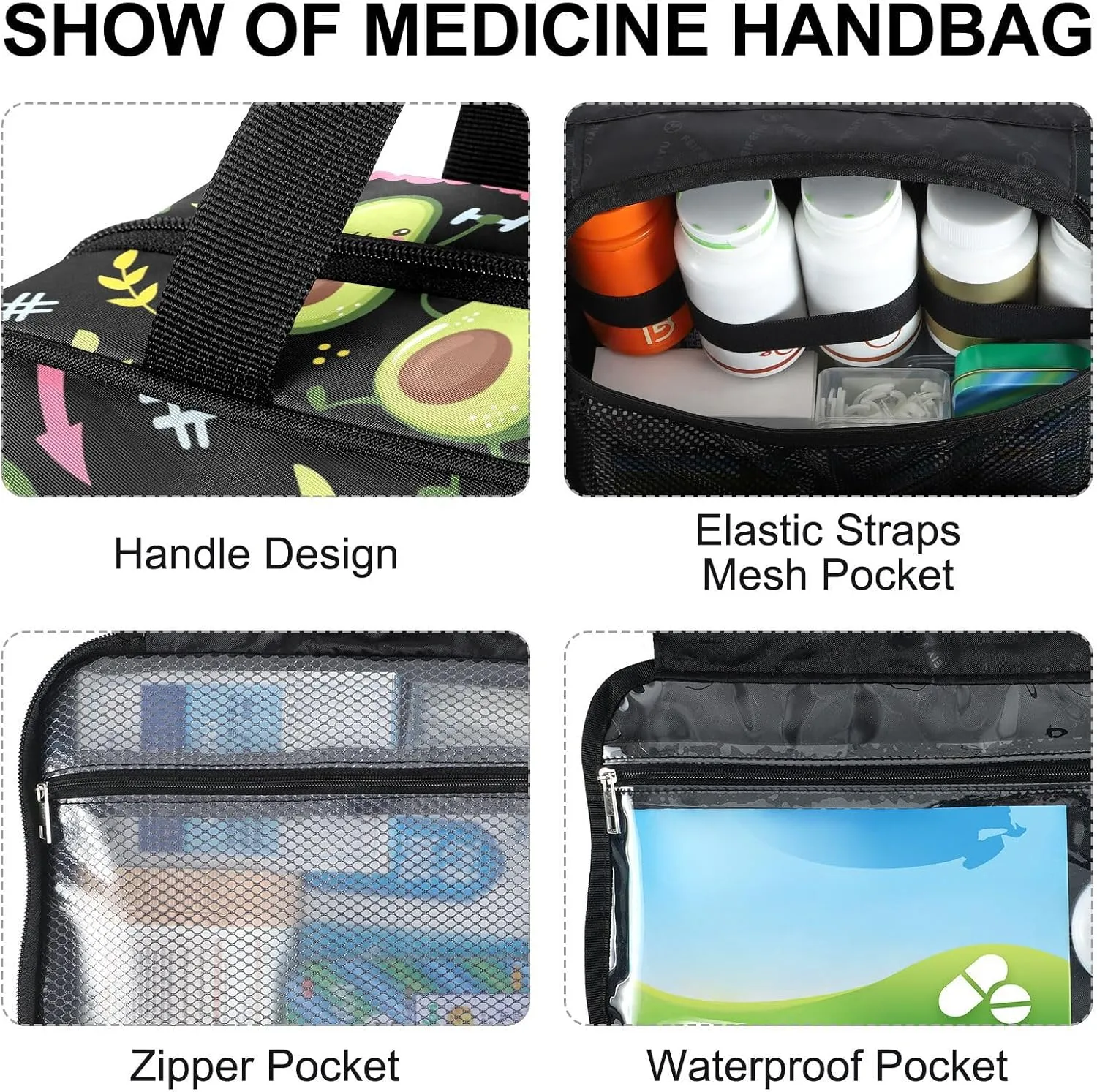 Fustylead Cute Avocado Travel Medicine Storage Bag Large Household Pill Bottle Organizer with Zipper for First Aid, Pills, Vitamins, Medical Supplies