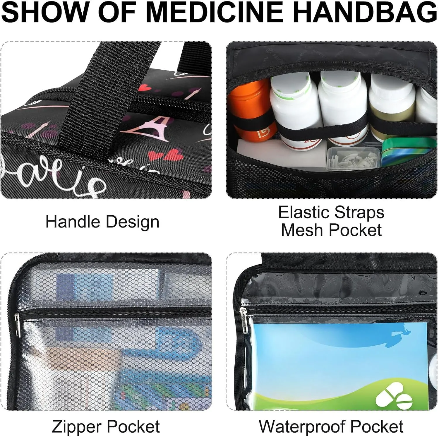 Fustylead Fashionable Simple Paris Eiffel Tower Sketch Travel Medicine Storage Bag Large Household Pill Bottle Organizer with Zipper for First Aid, Pills, Vitamins, Medical Supplies