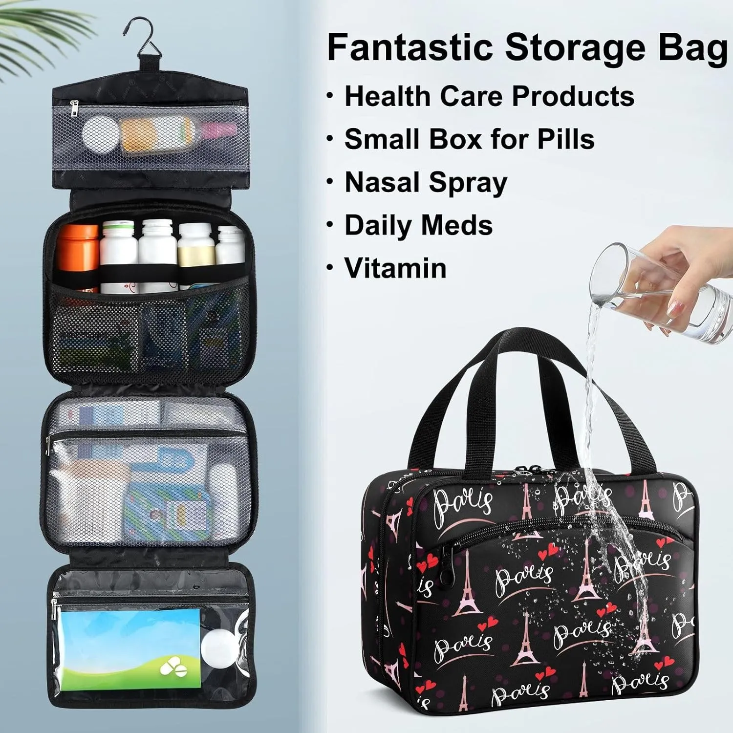 Fustylead Fashionable Simple Paris Eiffel Tower Sketch Travel Medicine Storage Bag Large Household Pill Bottle Organizer with Zipper for First Aid, Pills, Vitamins, Medical Supplies