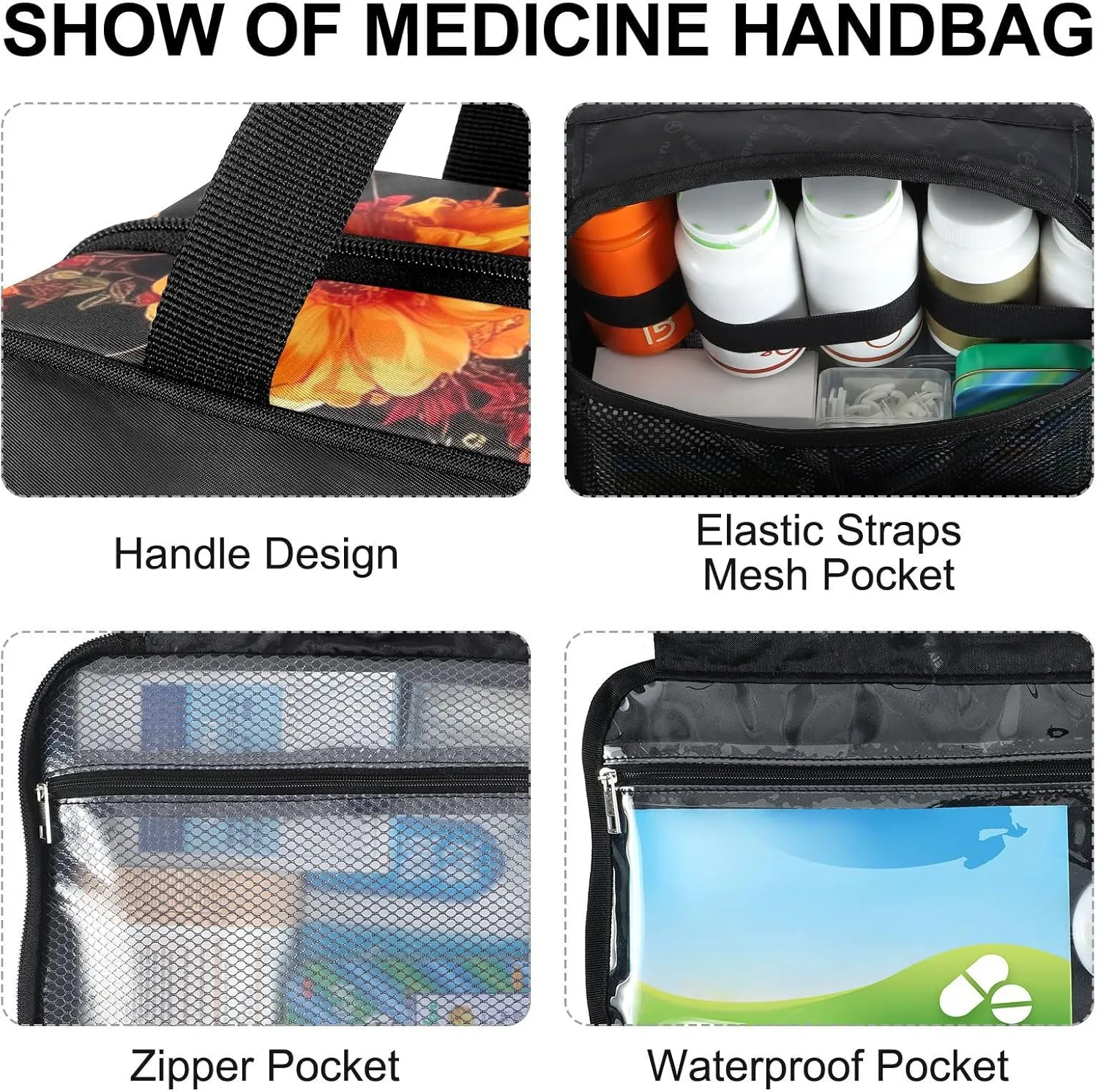 Fustylead Female Skeleton Rhythmically Dancing with Flowers Travel Medicine Storage Bag Large Household Pill Bottle Organizer with Zipper for First Aid, Pills, Vitamins, Medical Supplies