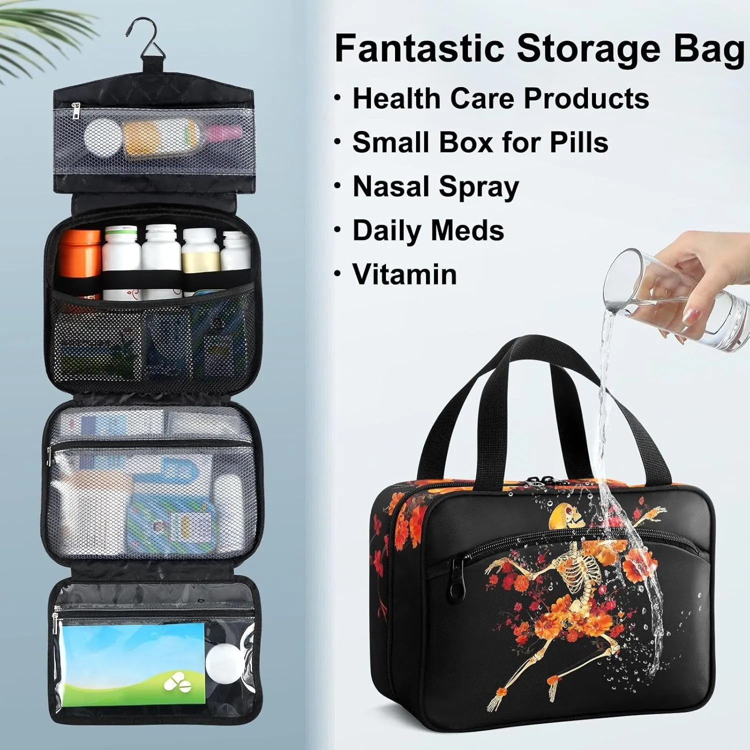 Fustylead Female Skeleton Rhythmically Dancing with Flowers Travel Medicine Storage Bag Large Household Pill Bottle Organizer with Zipper for First Aid, Pills, Vitamins, Medical Supplies