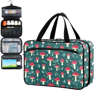 Fustylead Forest Cute Red Mushrooms and Leaves Travel Pill Bottle Organizer Large Home Storage Medication Bag with Zipper for Vitamins, First Aid, Fish Oil, Medical Supplies