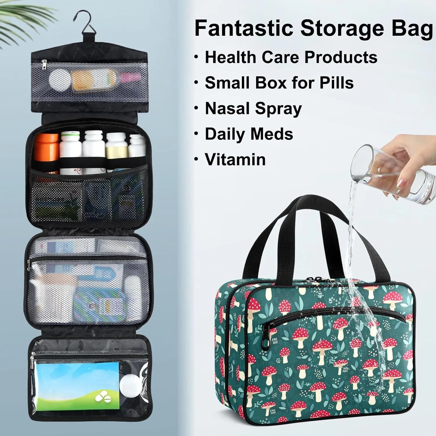 Fustylead Forest Cute Red Mushrooms and Leaves Travel Pill Bottle Organizer Large Home Storage Medication Bag with Zipper for Vitamins, First Aid, Fish Oil, Medical Supplies