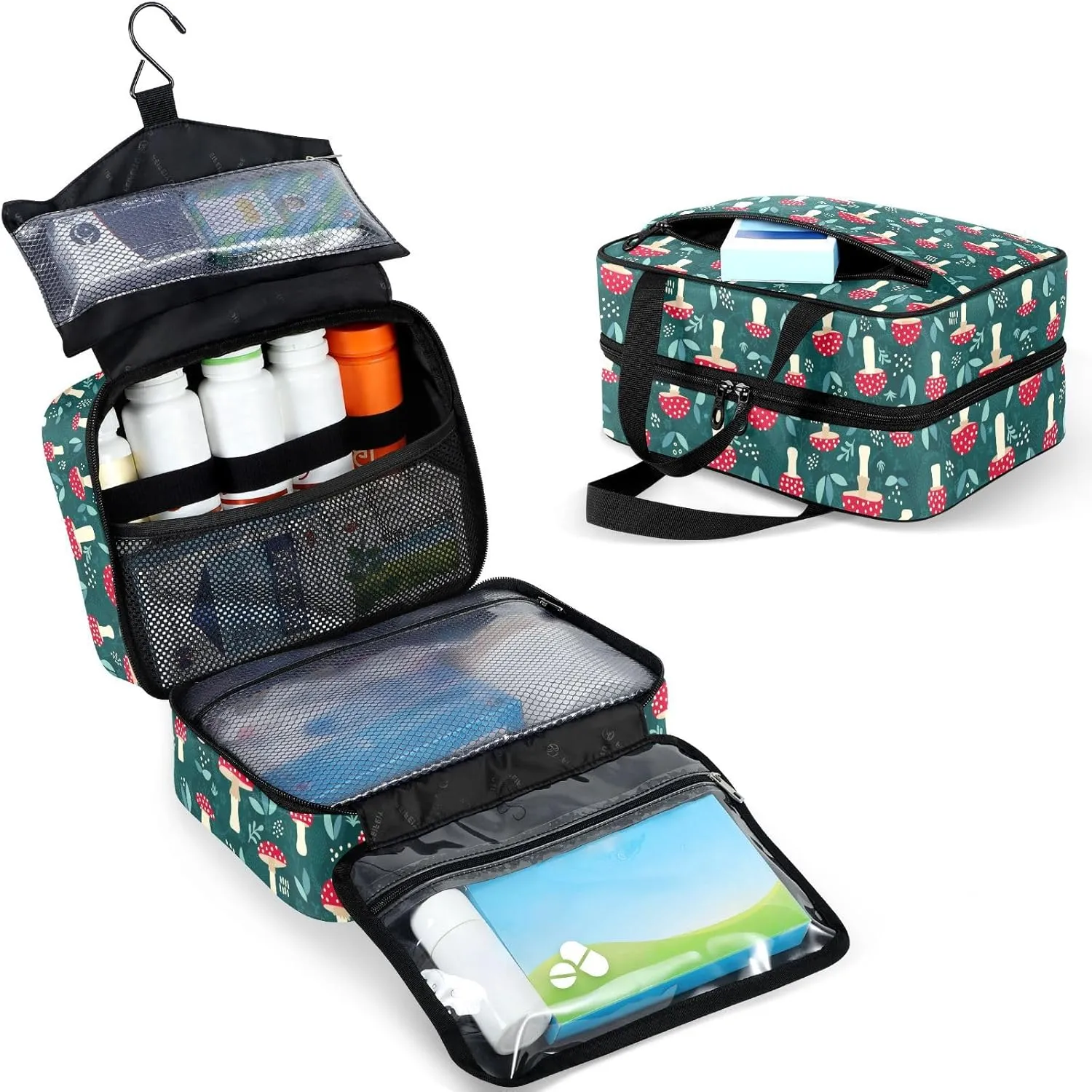 Fustylead Forest Cute Red Mushrooms and Leaves Travel Pill Bottle Organizer Large Home Storage Medication Bag with Zipper for Vitamins, First Aid, Fish Oil, Medical Supplies