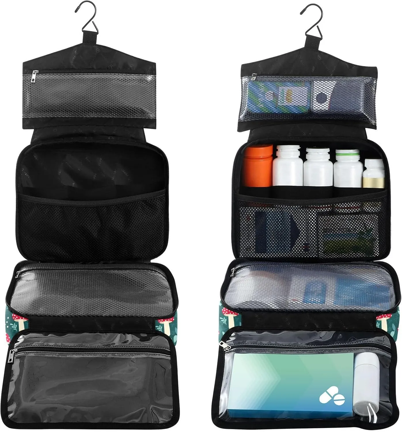 Fustylead Forest Cute Red Mushrooms and Leaves Travel Pill Bottle Organizer Large Home Storage Medication Bag with Zipper for Vitamins, First Aid, Fish Oil, Medical Supplies