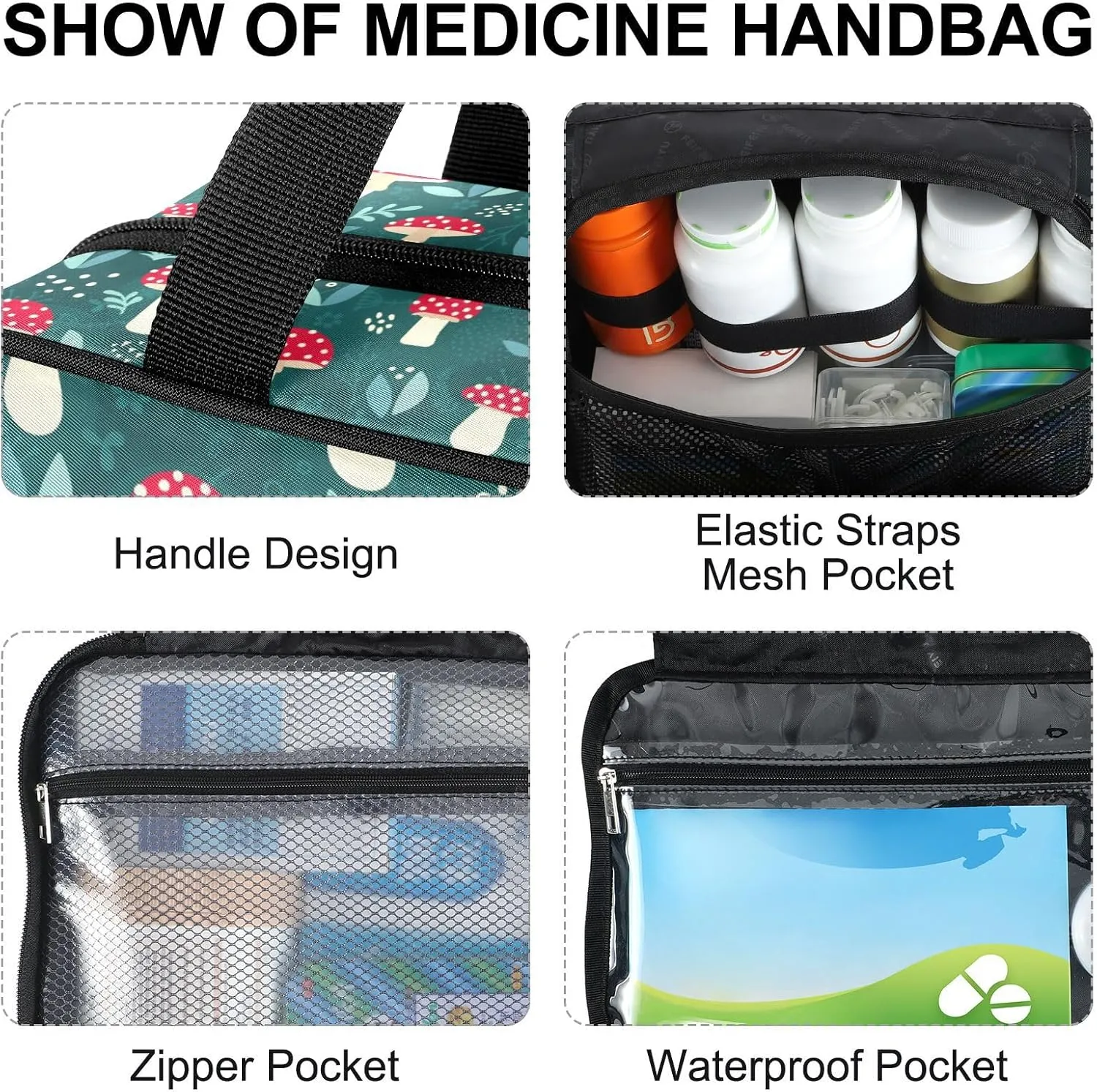 Fustylead Forest Cute Red Mushrooms and Leaves Travel Pill Bottle Organizer Large Home Storage Medication Bag with Zipper for Vitamins, First Aid, Fish Oil, Medical Supplies