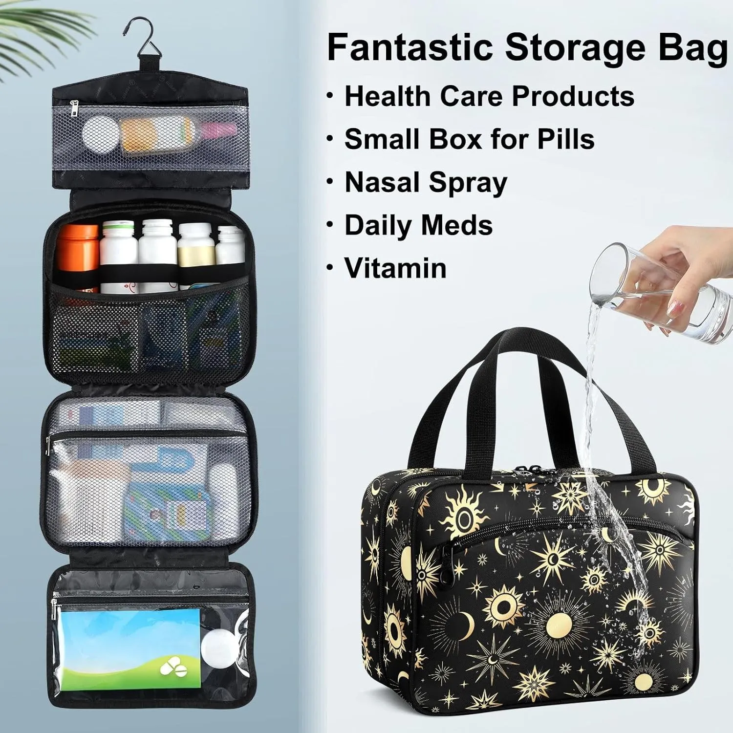 Fustylead Gold Sun Moon and Stars Travel Medicine Storage Bag Large Household Pill Bottle Organizer with Zipper for First Aid, Pills, Vitamins, Medical Supplies