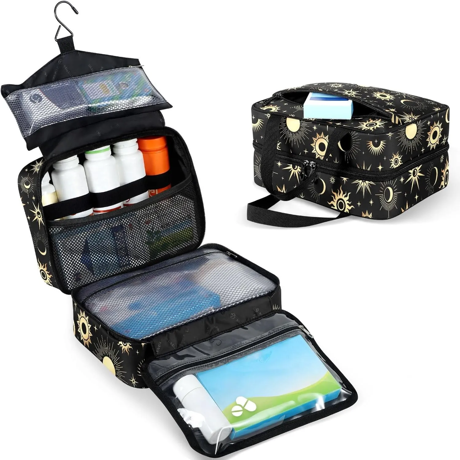 Fustylead Gold Sun Moon and Stars Travel Medicine Storage Bag Large Household Pill Bottle Organizer with Zipper for First Aid, Pills, Vitamins, Medical Supplies