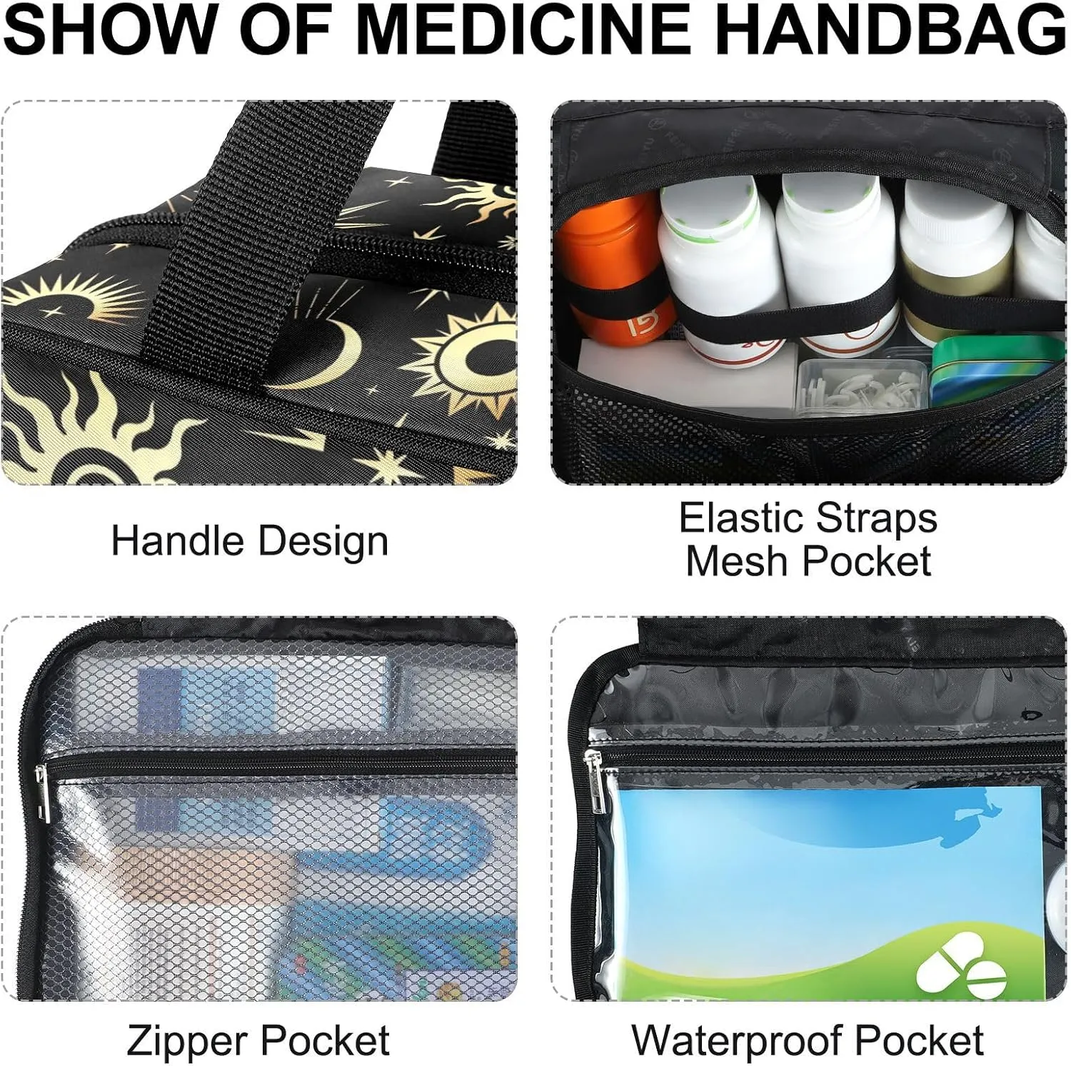 Fustylead Gold Sun Moon and Stars Travel Medicine Storage Bag Large Household Pill Bottle Organizer with Zipper for First Aid, Pills, Vitamins, Medical Supplies