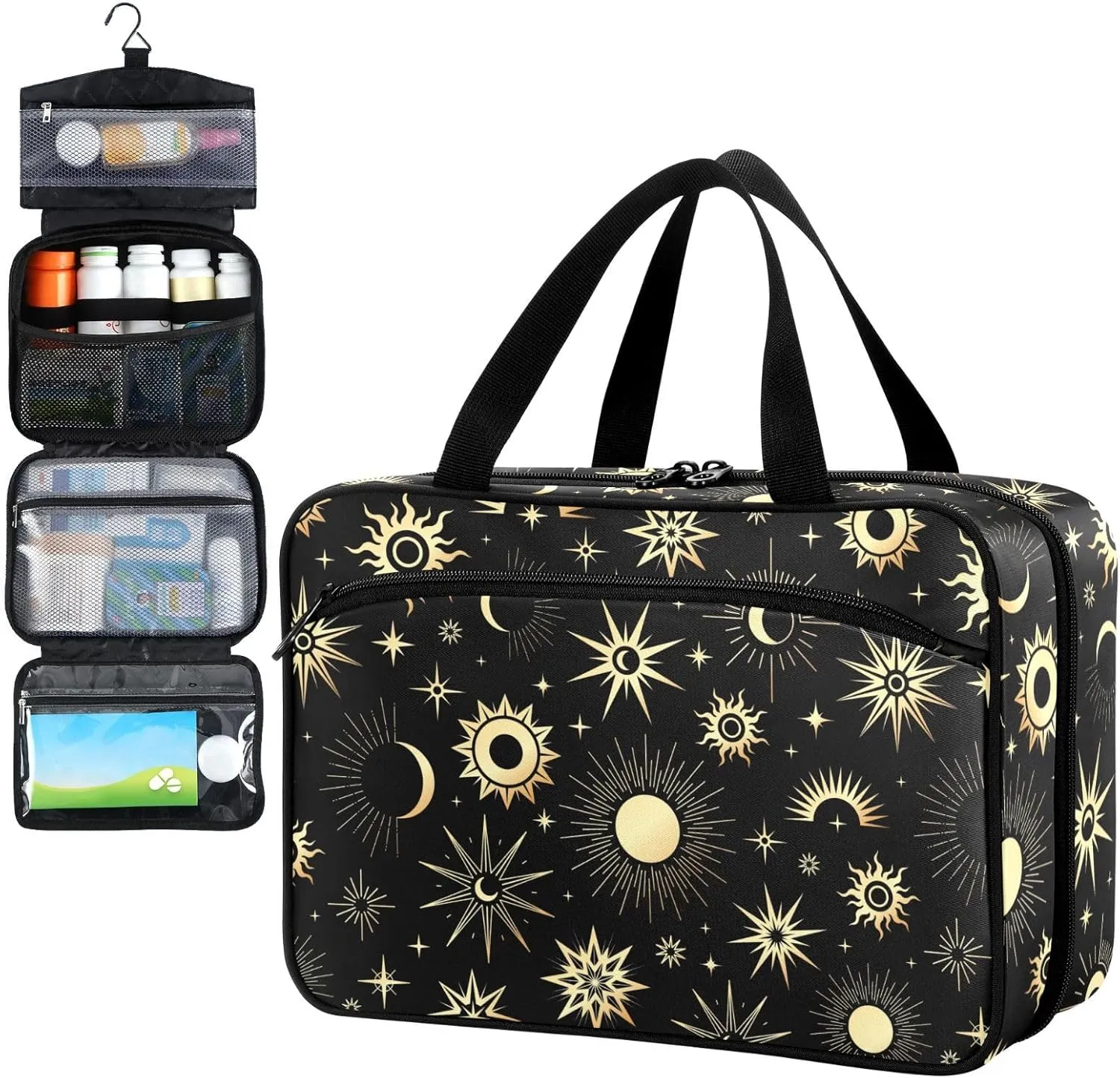 Fustylead Gold Sun Moon and Stars Travel Medicine Storage Bag Large Household Pill Bottle Organizer with Zipper for First Aid, Pills, Vitamins, Medical Supplies