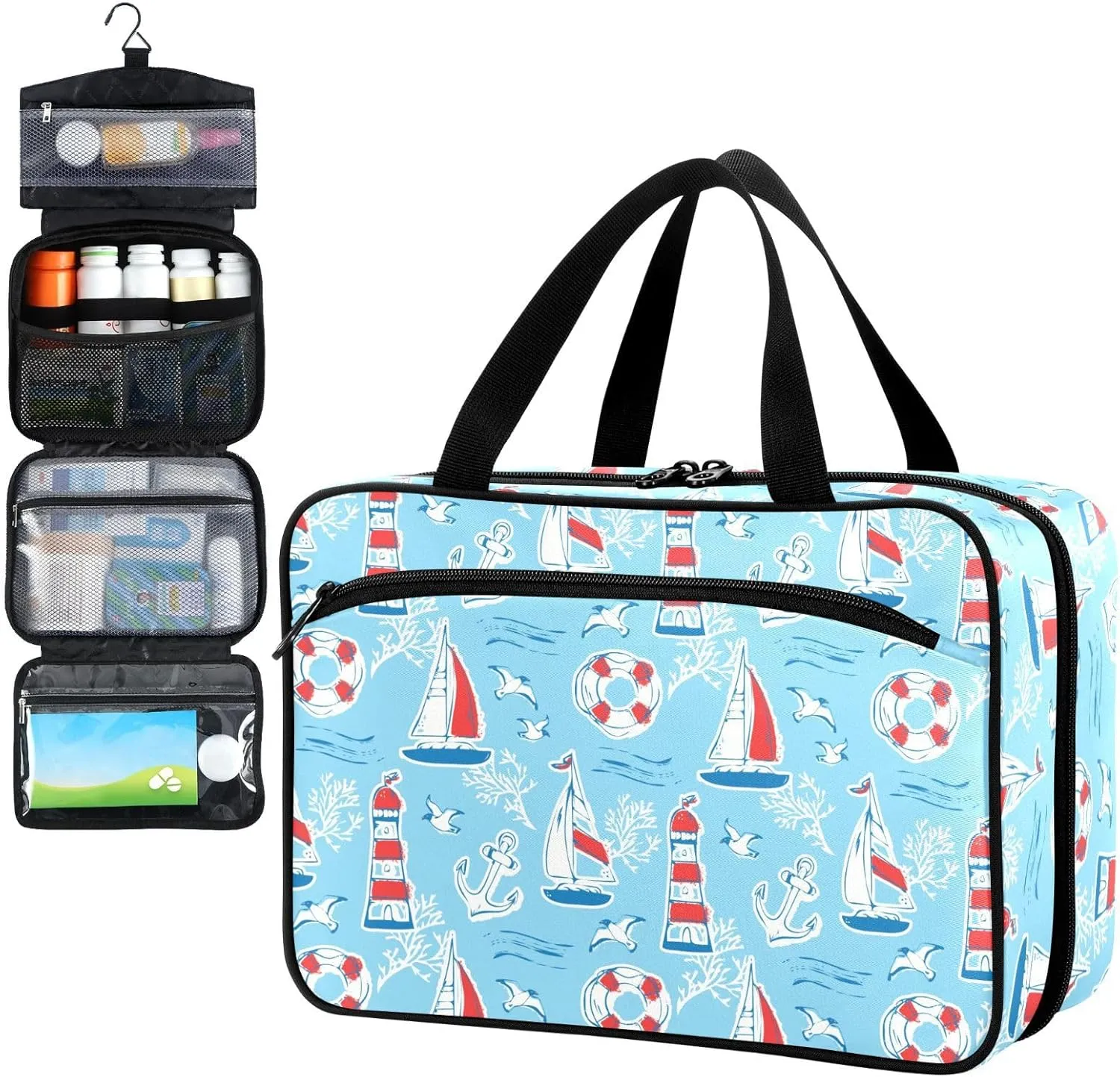 Fustylead Maritime Travel Theme Pill Organizer Bag Large Medicine Travel Carrying Case with Zipper for Vitamin Supplements Fish Oil, Empty First Aid Kit for Hiking Camping