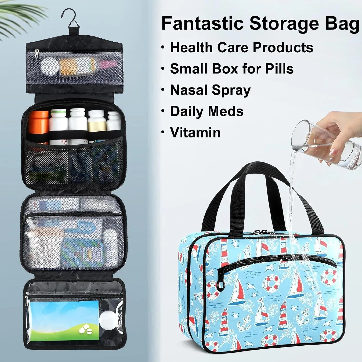 Fustylead Maritime Travel Theme Pill Organizer Bag Large Medicine Travel Carrying Case with Zipper for Vitamin Supplements Fish Oil, Empty First Aid Kit for Hiking Camping