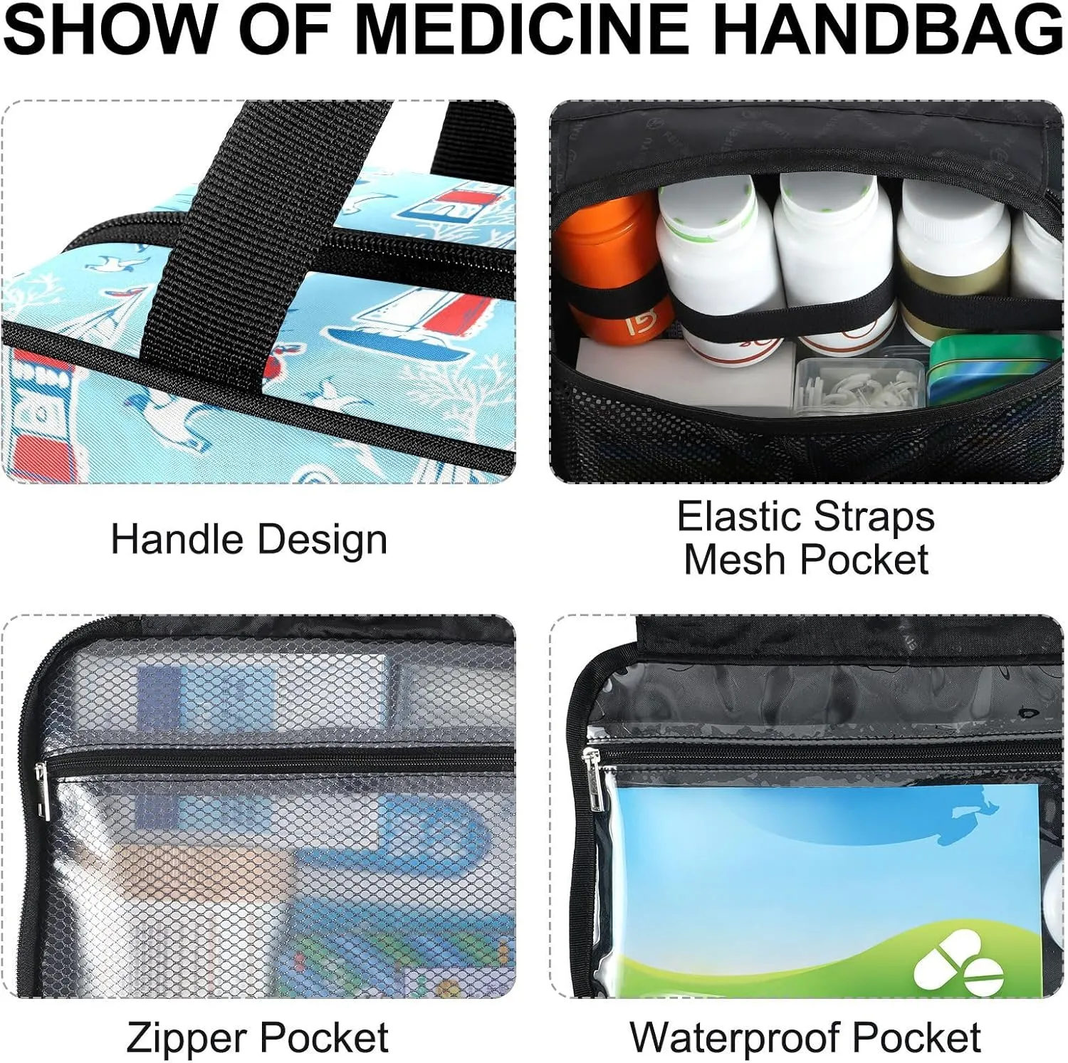 Fustylead Maritime Travel Theme Pill Organizer Bag Large Medicine Travel Carrying Case with Zipper for Vitamin Supplements Fish Oil, Empty First Aid Kit for Hiking Camping