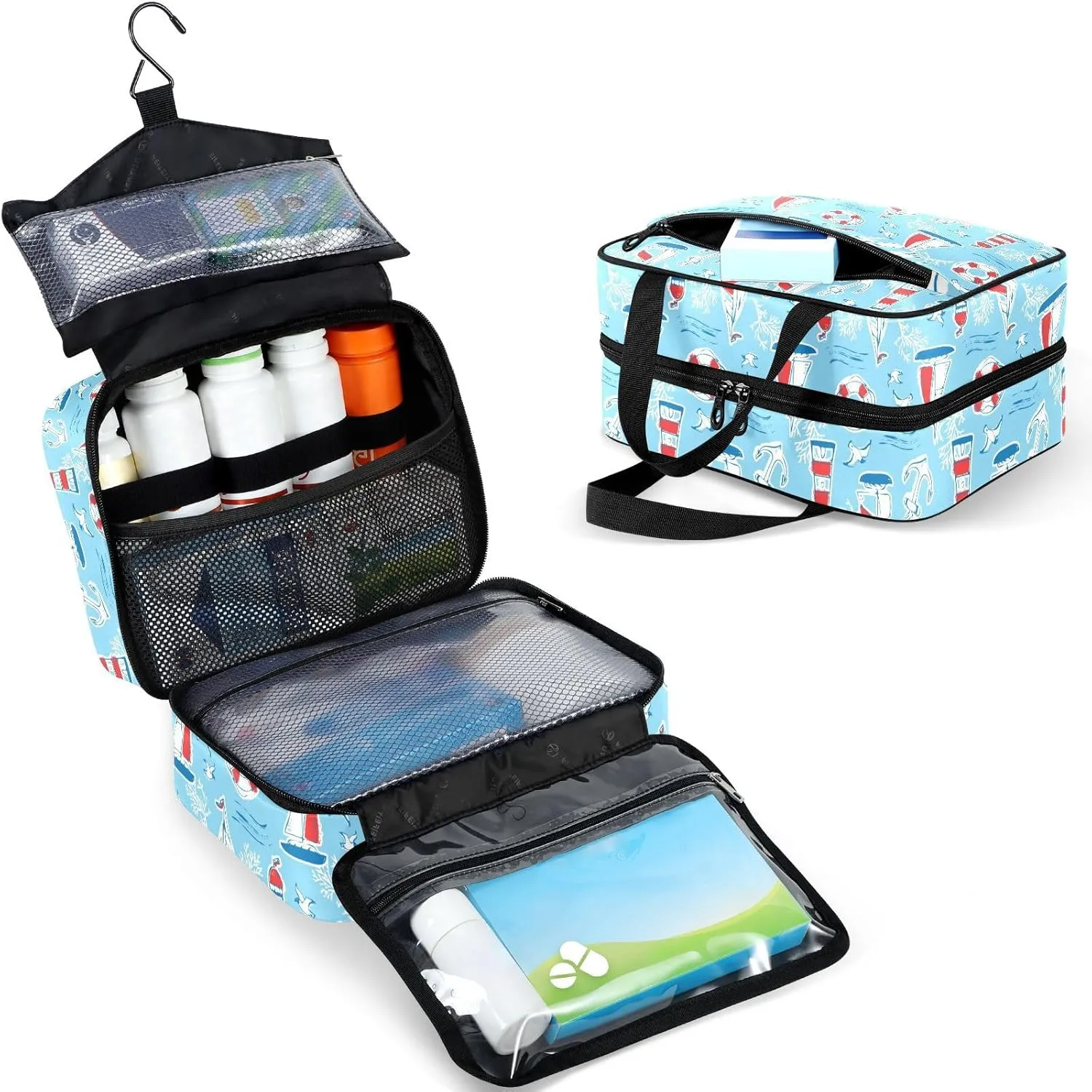 Fustylead Maritime Travel Theme Pill Organizer Bag Large Medicine Travel Carrying Case with Zipper for Vitamin Supplements Fish Oil, Empty First Aid Kit for Hiking Camping