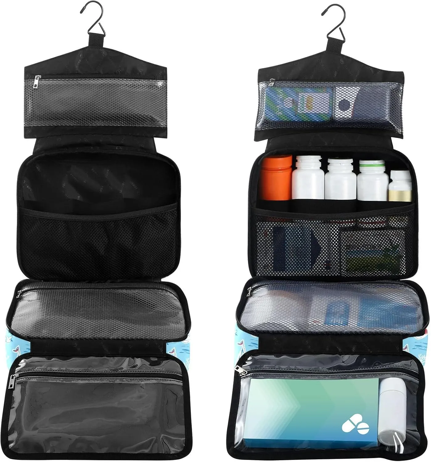 Fustylead Maritime Travel Theme Pill Organizer Bag Large Medicine Travel Carrying Case with Zipper for Vitamin Supplements Fish Oil, Empty First Aid Kit for Hiking Camping