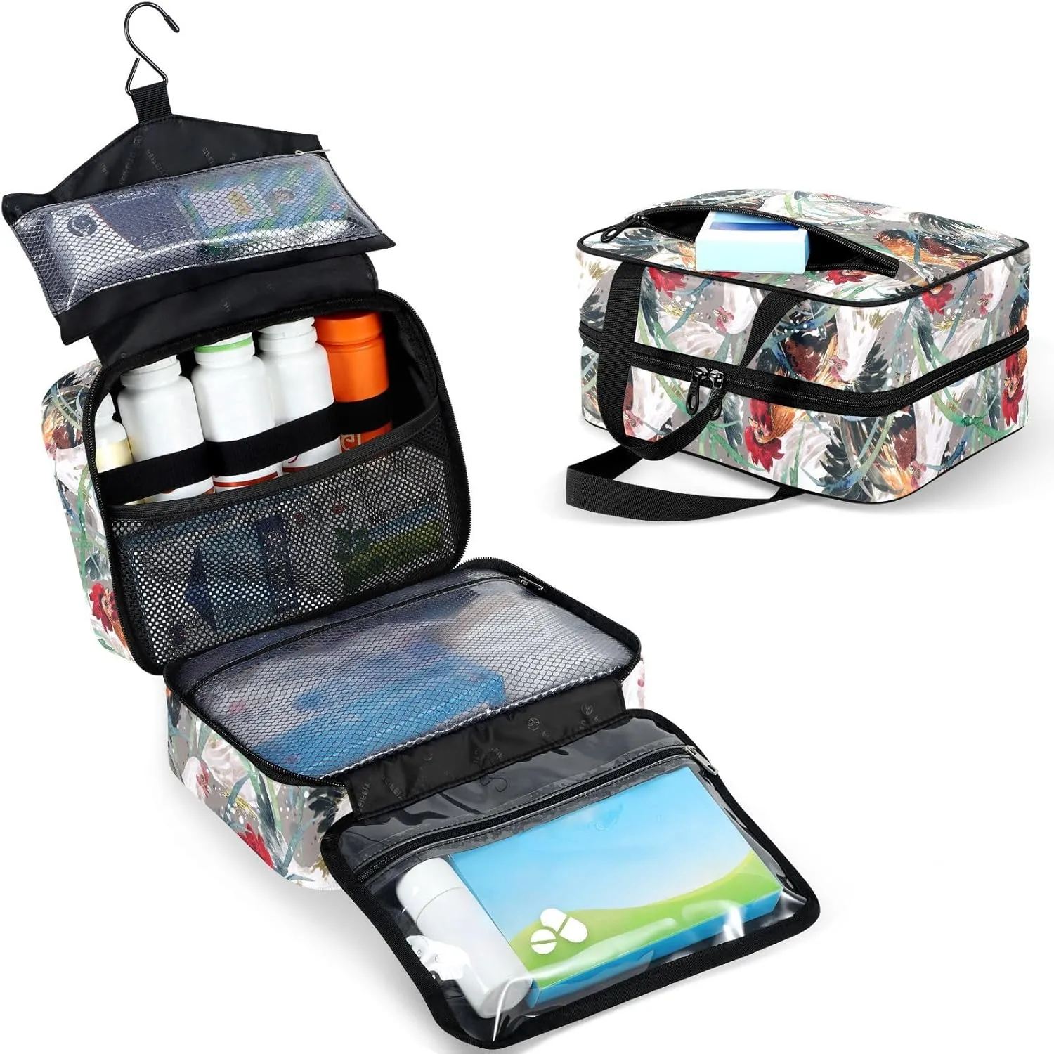 Fustylead Watercolor Chicken Travel Medicine Organizer Bag Home Storage First Aid Kit Large Pill Case with Zipper for Pill Bottle, Vitamins, and Medical Supplies