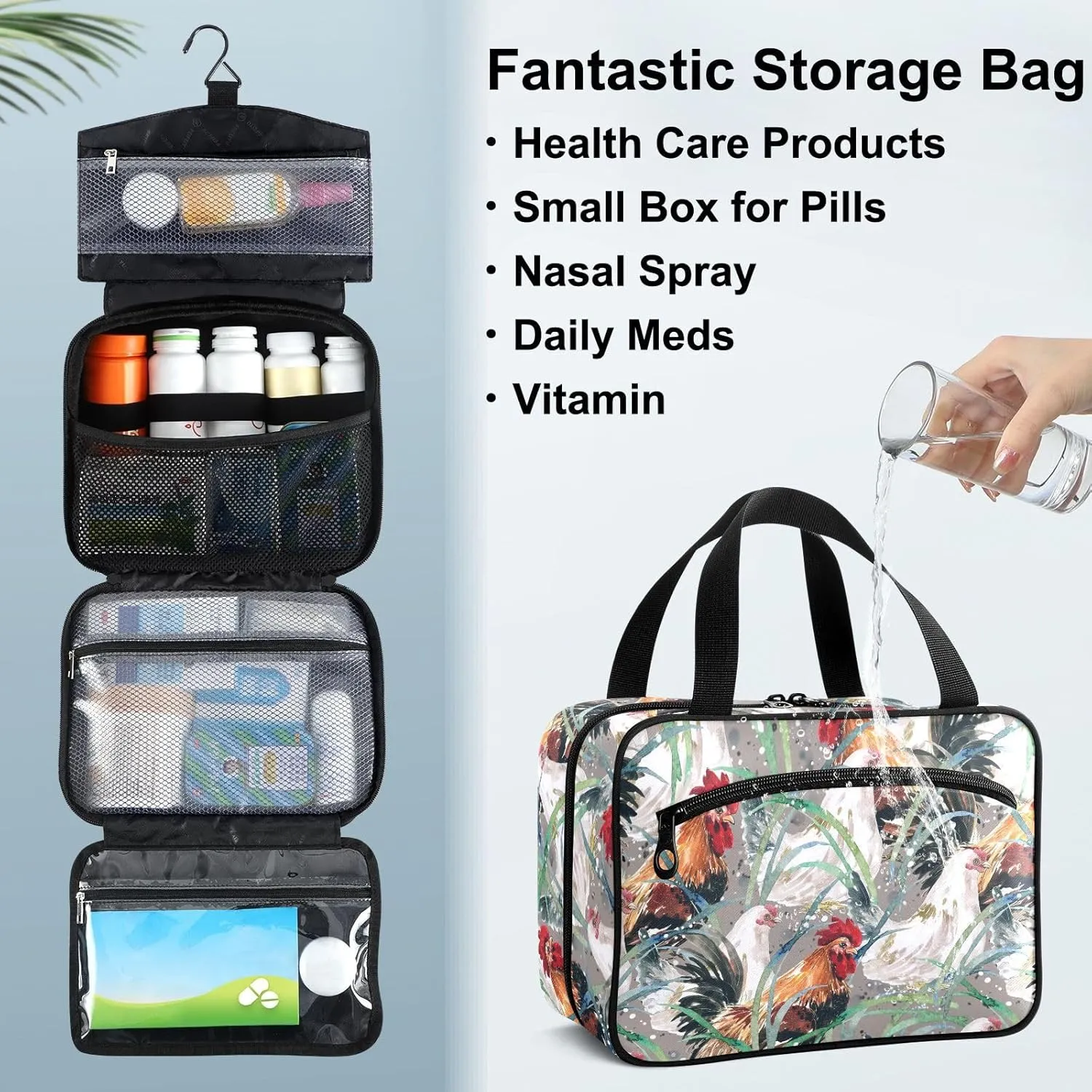 Fustylead Watercolor Chicken Travel Medicine Organizer Bag Home Storage First Aid Kit Large Pill Case with Zipper for Pill Bottle, Vitamins, and Medical Supplies