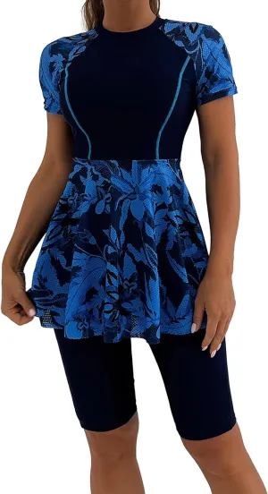 FYMNSI Women Split Two-Piece Swimsuit Breathable Mesh Short Sleeve Floral Print Swim Dress with Boyshorts Modest Bathing Suit