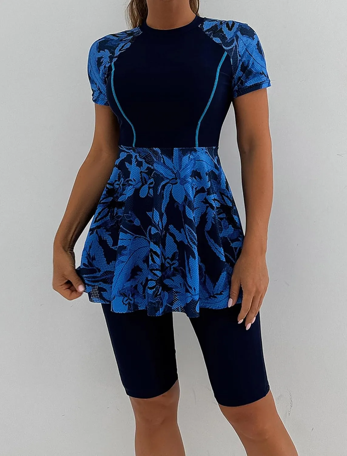 FYMNSI Women Split Two-Piece Swimsuit Breathable Mesh Short Sleeve Floral Print Swim Dress with Boyshorts Modest Bathing Suit