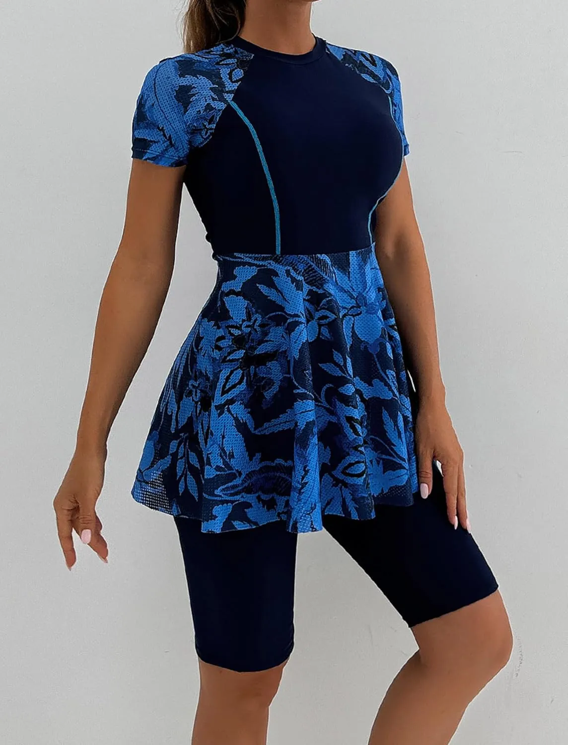 FYMNSI Women Split Two-Piece Swimsuit Breathable Mesh Short Sleeve Floral Print Swim Dress with Boyshorts Modest Bathing Suit