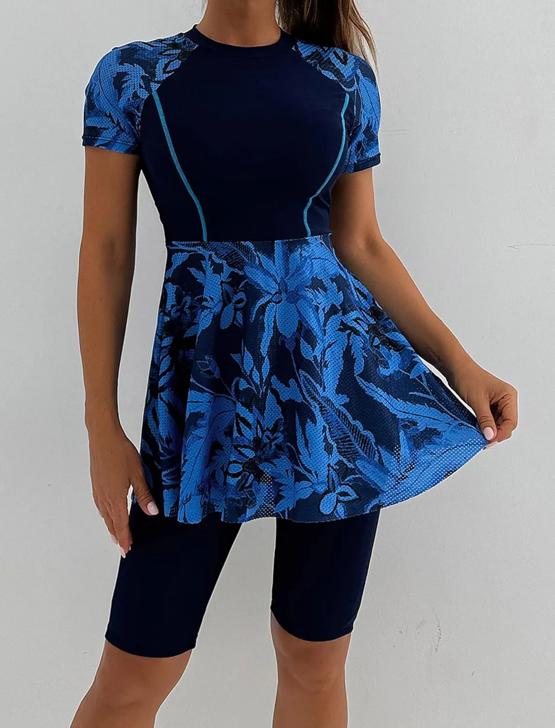 FYMNSI Women Split Two-Piece Swimsuit Breathable Mesh Short Sleeve Floral Print Swim Dress with Boyshorts Modest Bathing Suit