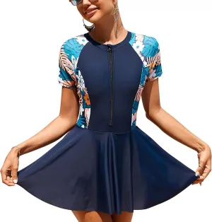 FYMNSI Womens Rash Guard One Piece Swimsuit Zipper Short Sleeve Swim Dress with Shorts Modest Bathing Suit Athletic Swimskirt