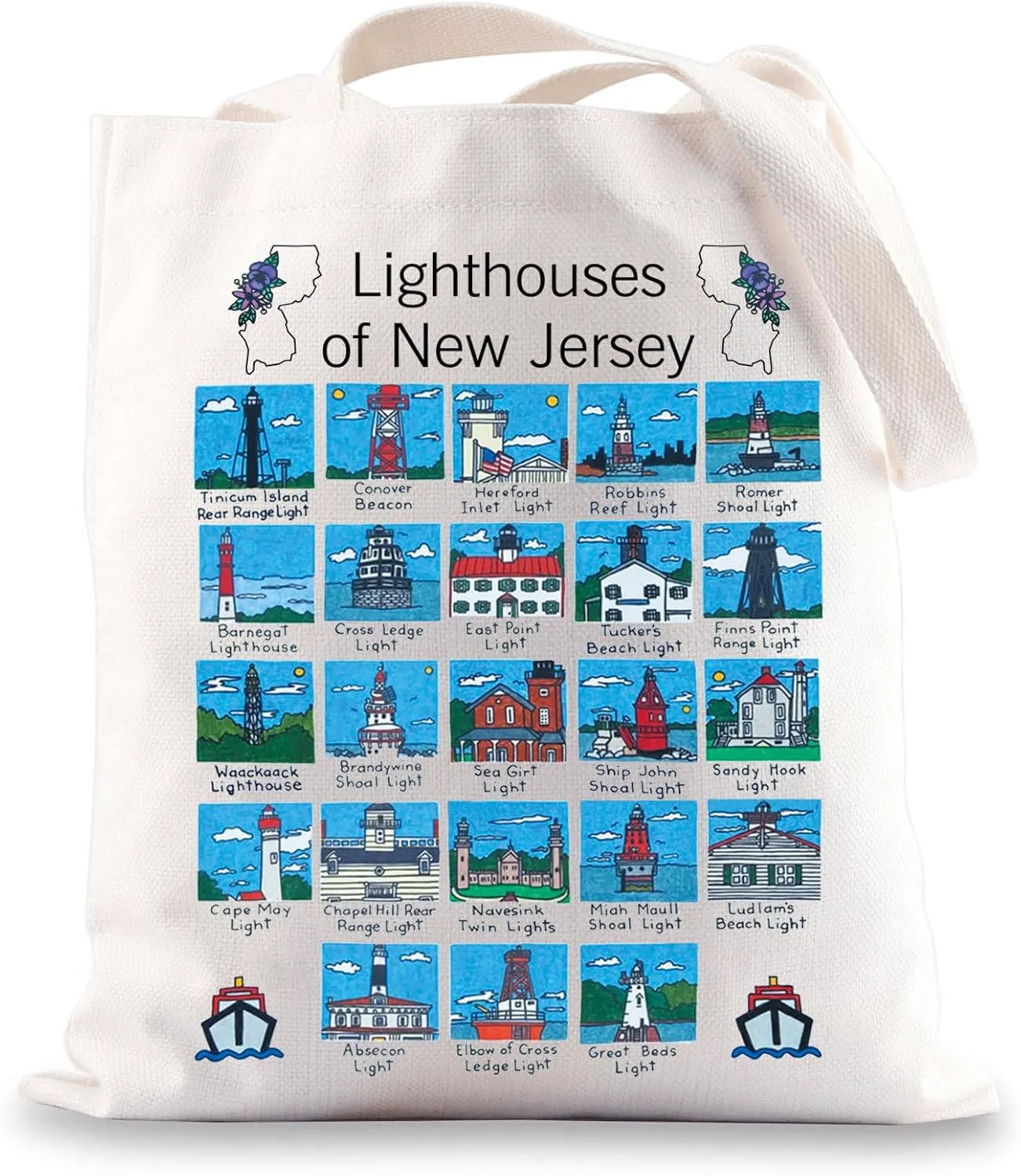 G2TUP Lighthouses of New Jersey Tote Bag NJ Lighthouse Handbag NJ Travel Souvenirs Grocery Bag