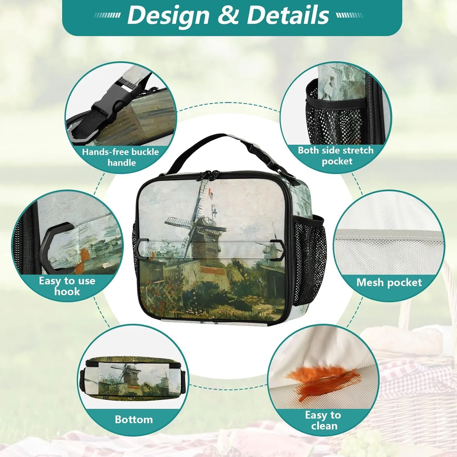 GAIGEO Personalized Vincent Vangogh Mill Lunch Box for Women Girls Lunch Bag Adjustable Shoulder Strap Mens Kids Lunchbox for Work Animal Print Insulated Bag