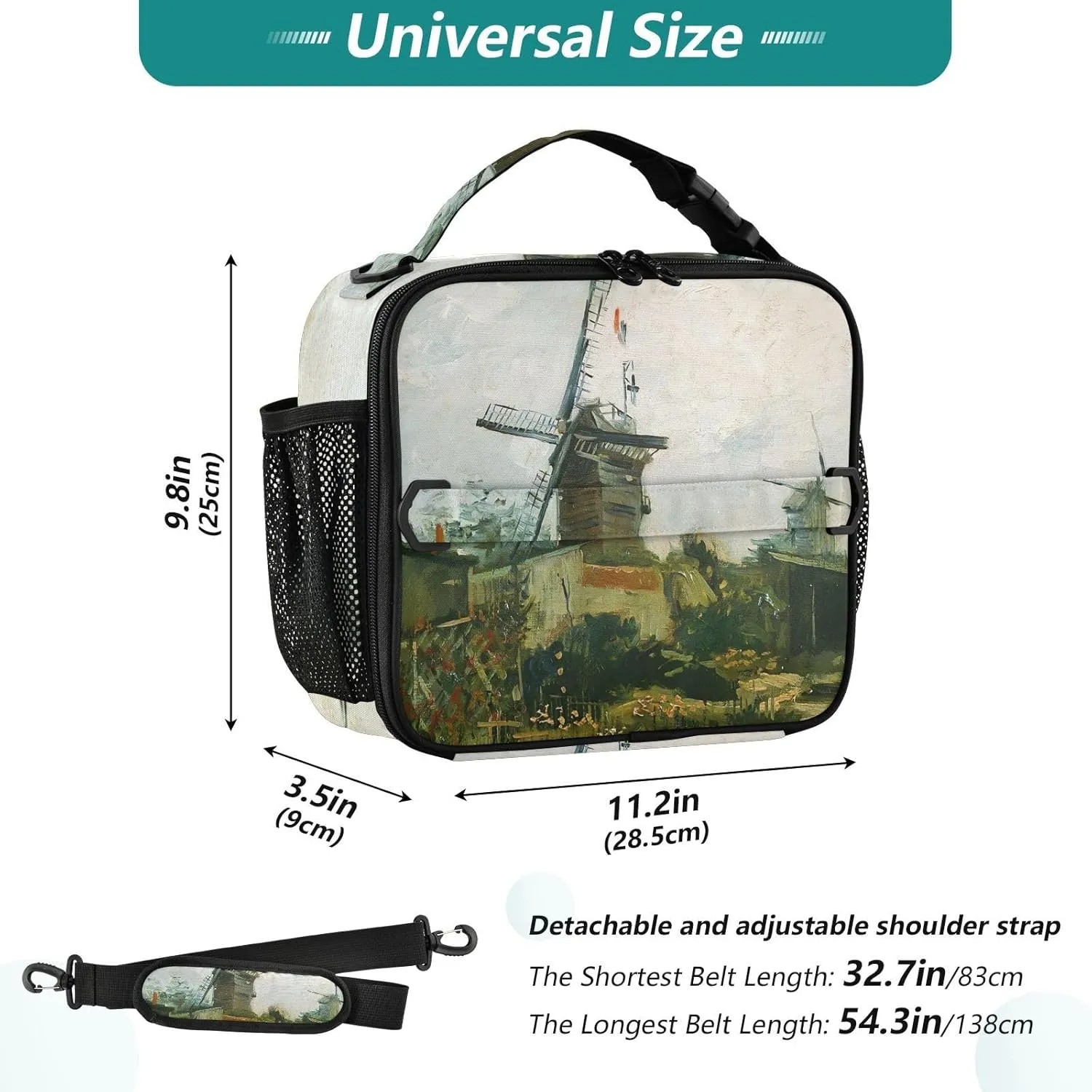 GAIGEO Personalized Vincent Vangogh Mill Lunch Box for Women Girls Lunch Bag Adjustable Shoulder Strap Mens Kids Lunchbox for Work Animal Print Insulated Bag