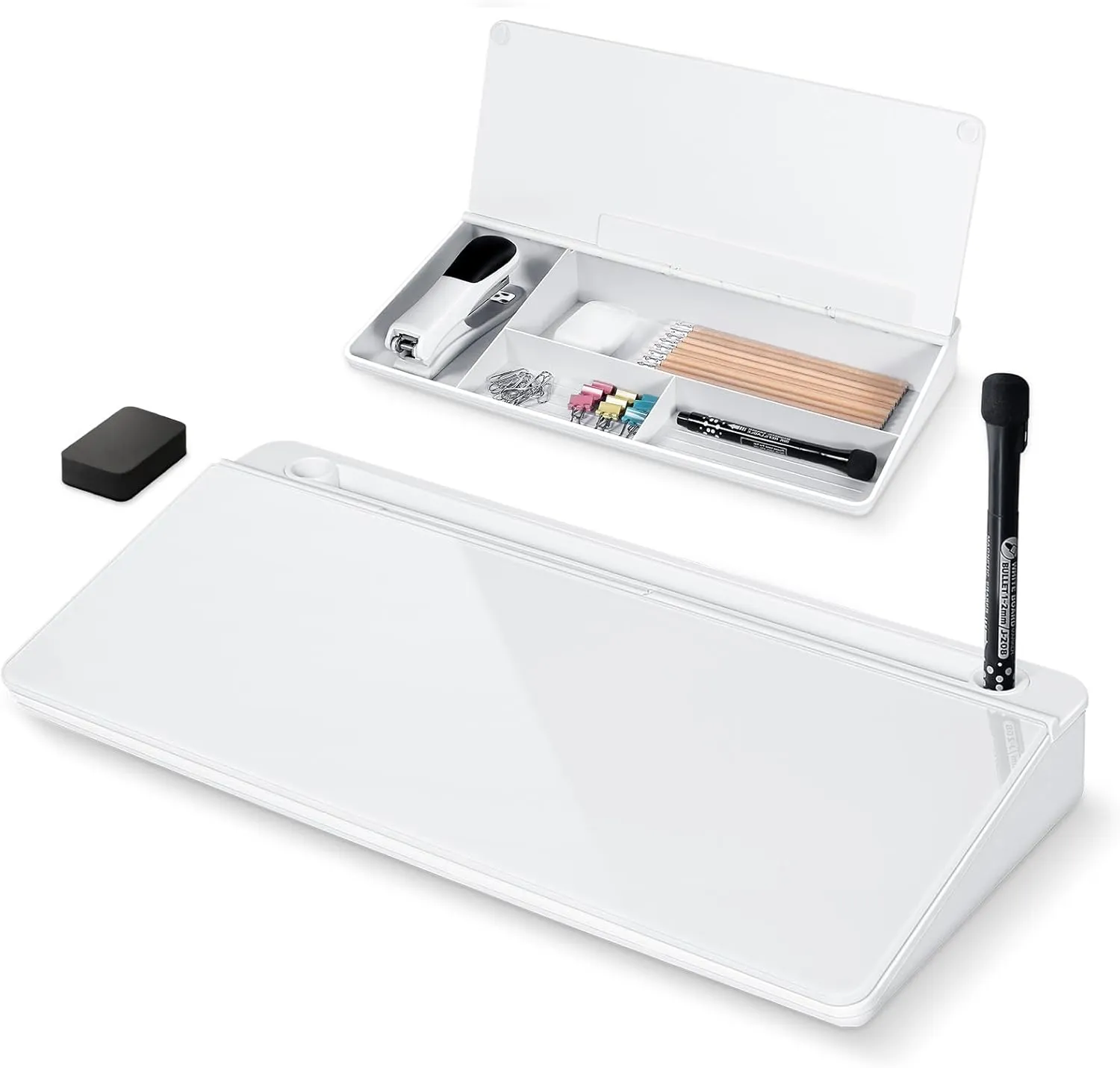 Glass Desktop Whiteboard with Storage 15" x 7" Desk Dry Erase Board with Marker & Eraser Compact Desk Organizer Computer Keyboard Stand Desk Board Buddy for Office, Home, School