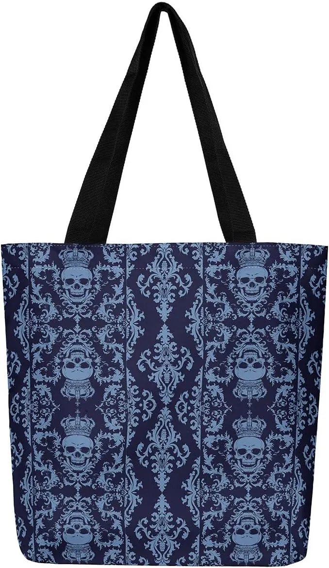 Gothic Canvas Tote Bag for Women,Sugar Skull Reusable Cloth Cotton Bags Spooky Bone Goth Large Capacity Gym Bag